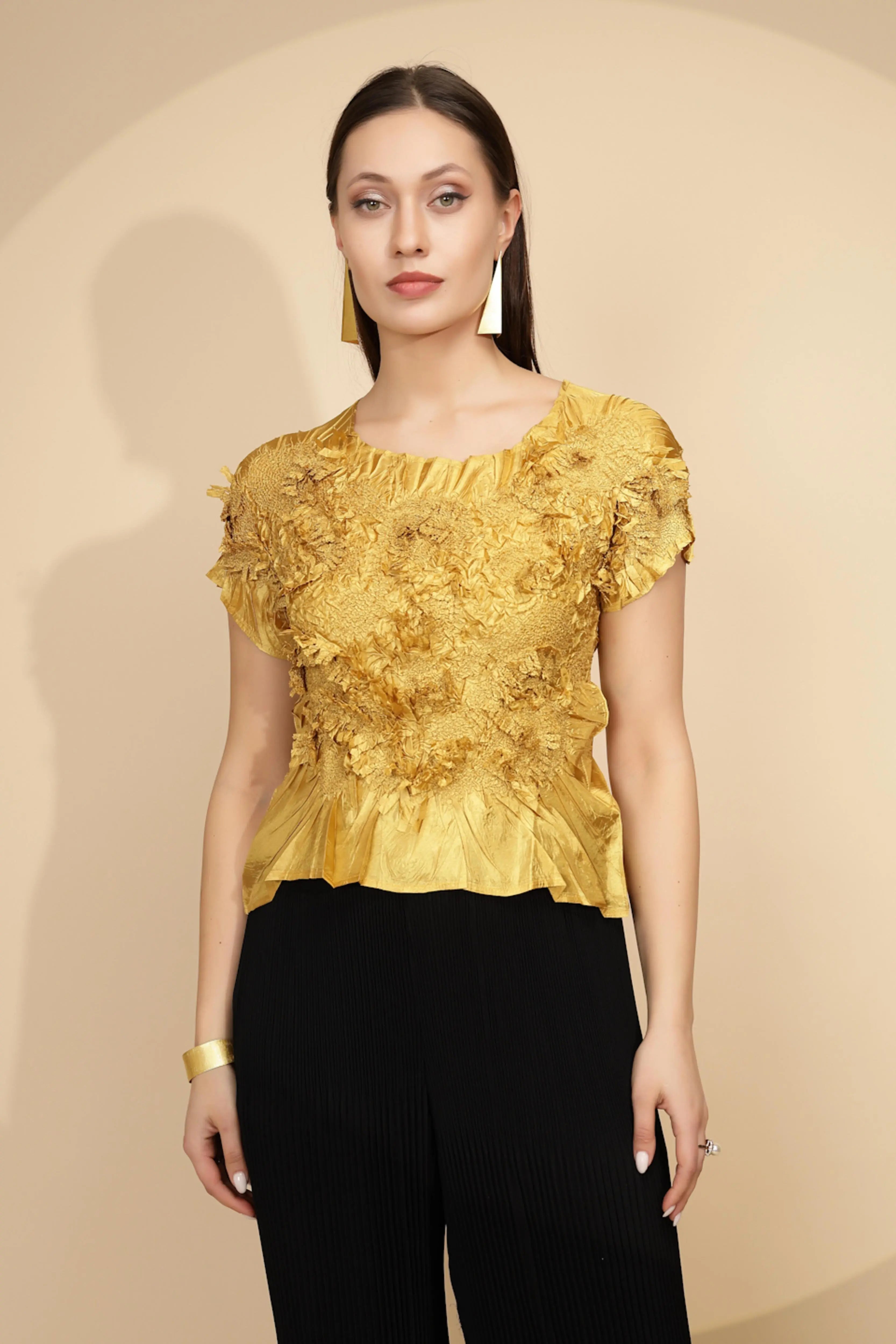 Gold  Regular Fit Blouson Top For Women - Global Republic