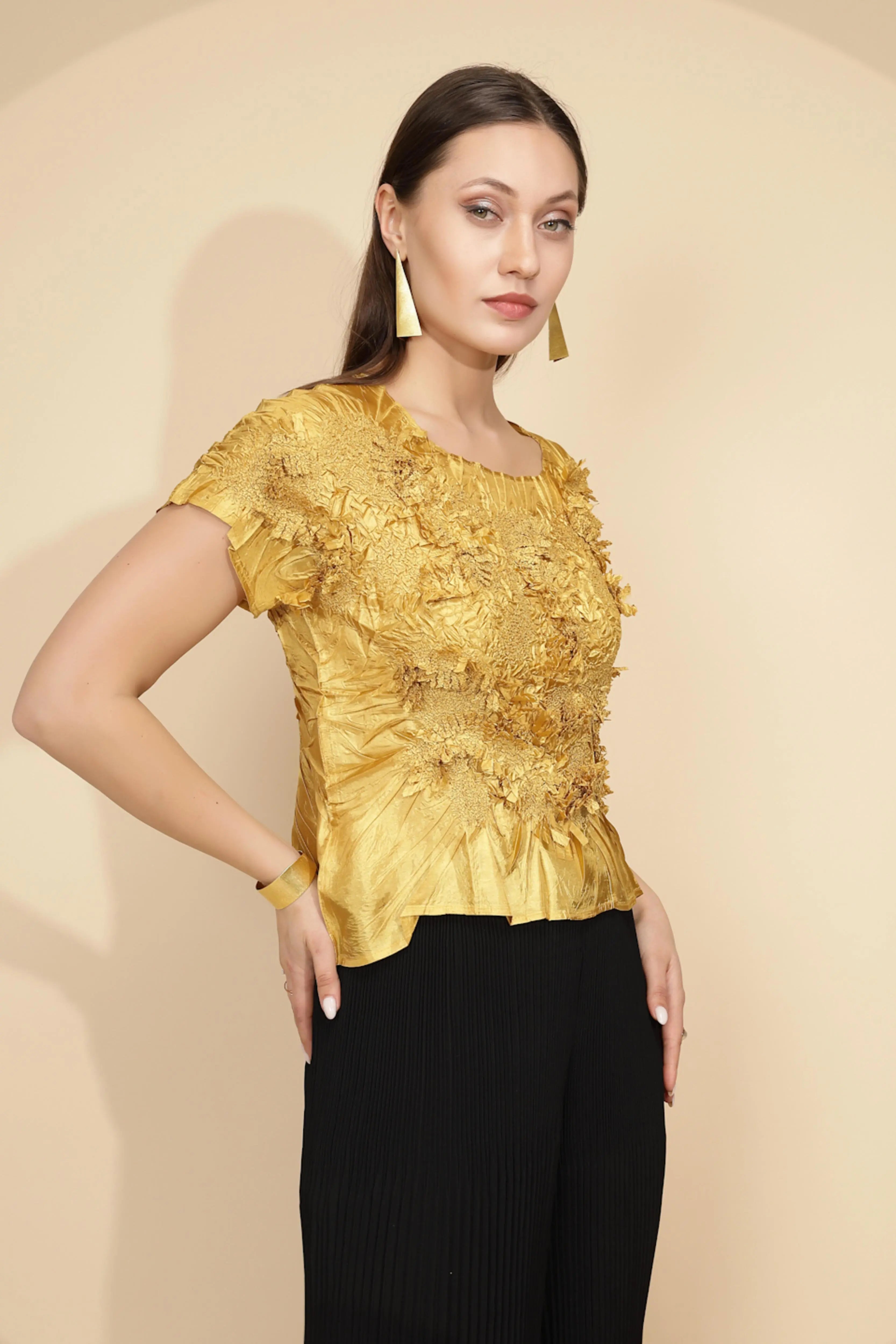 Gold Regular Fit Blouson Top For Women - Global Republic