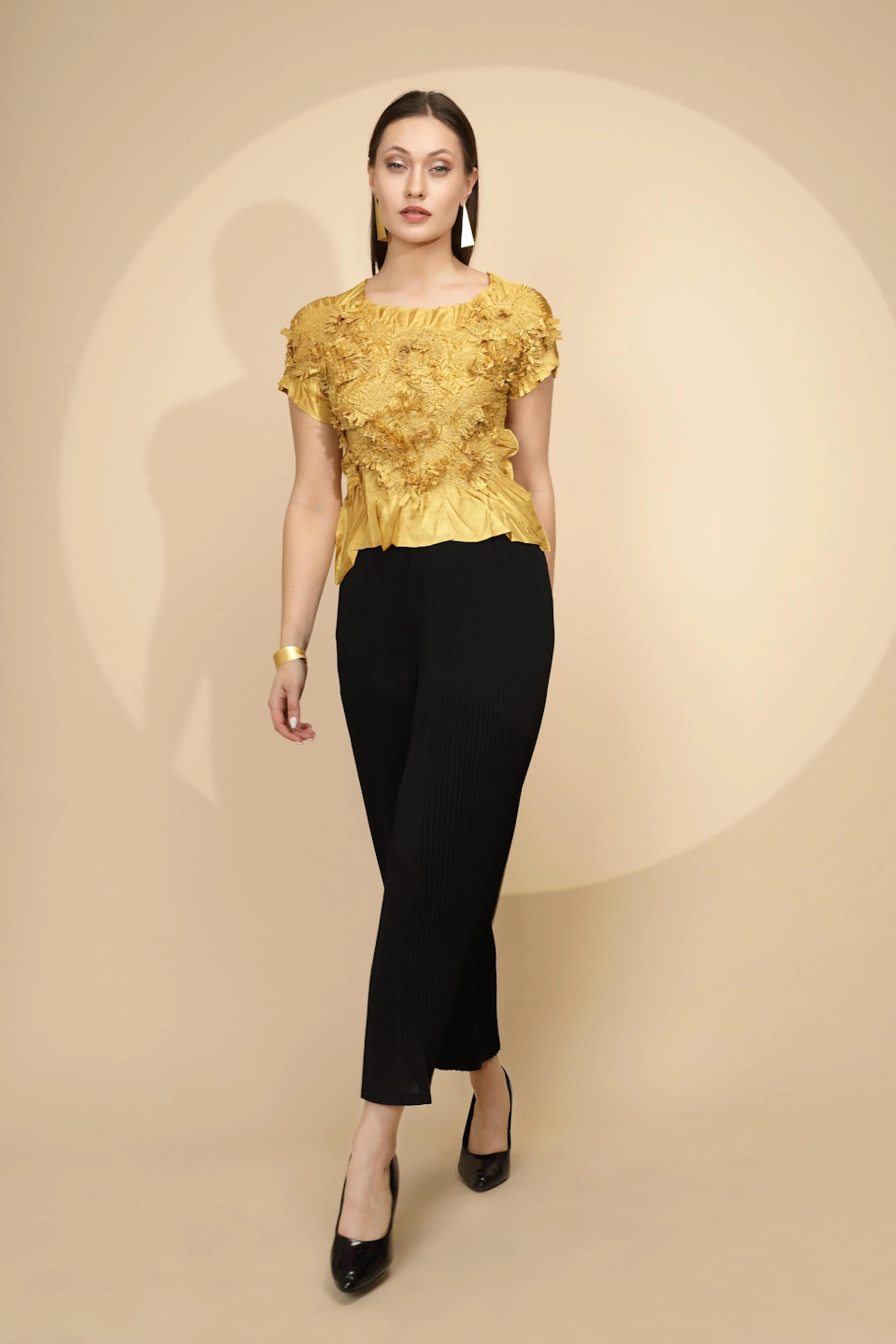 Gold Regular Fit Blouson Top For Women - Global Republic