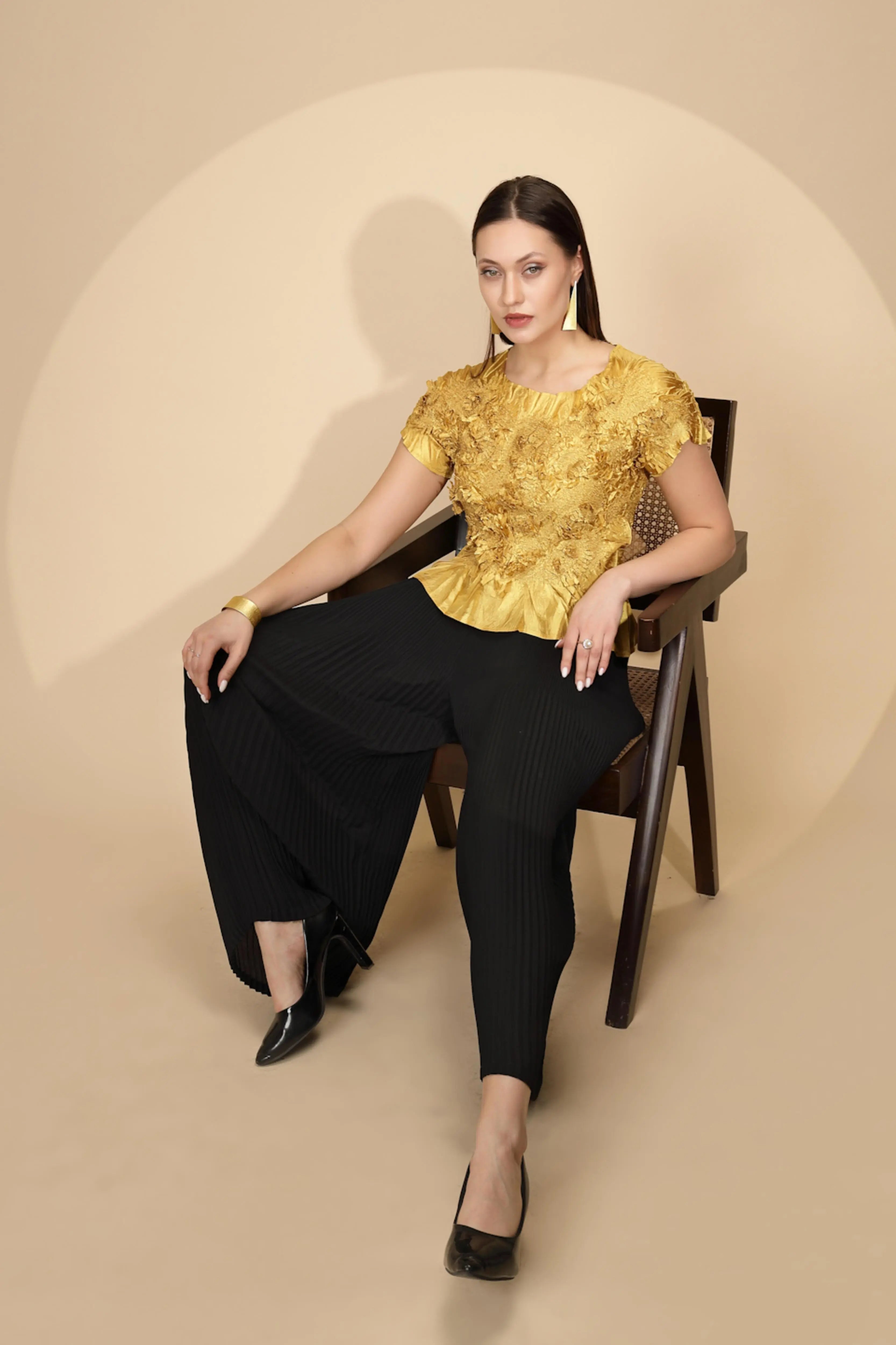 Gold Regular Fit Blouson Top For Women - Global Republic