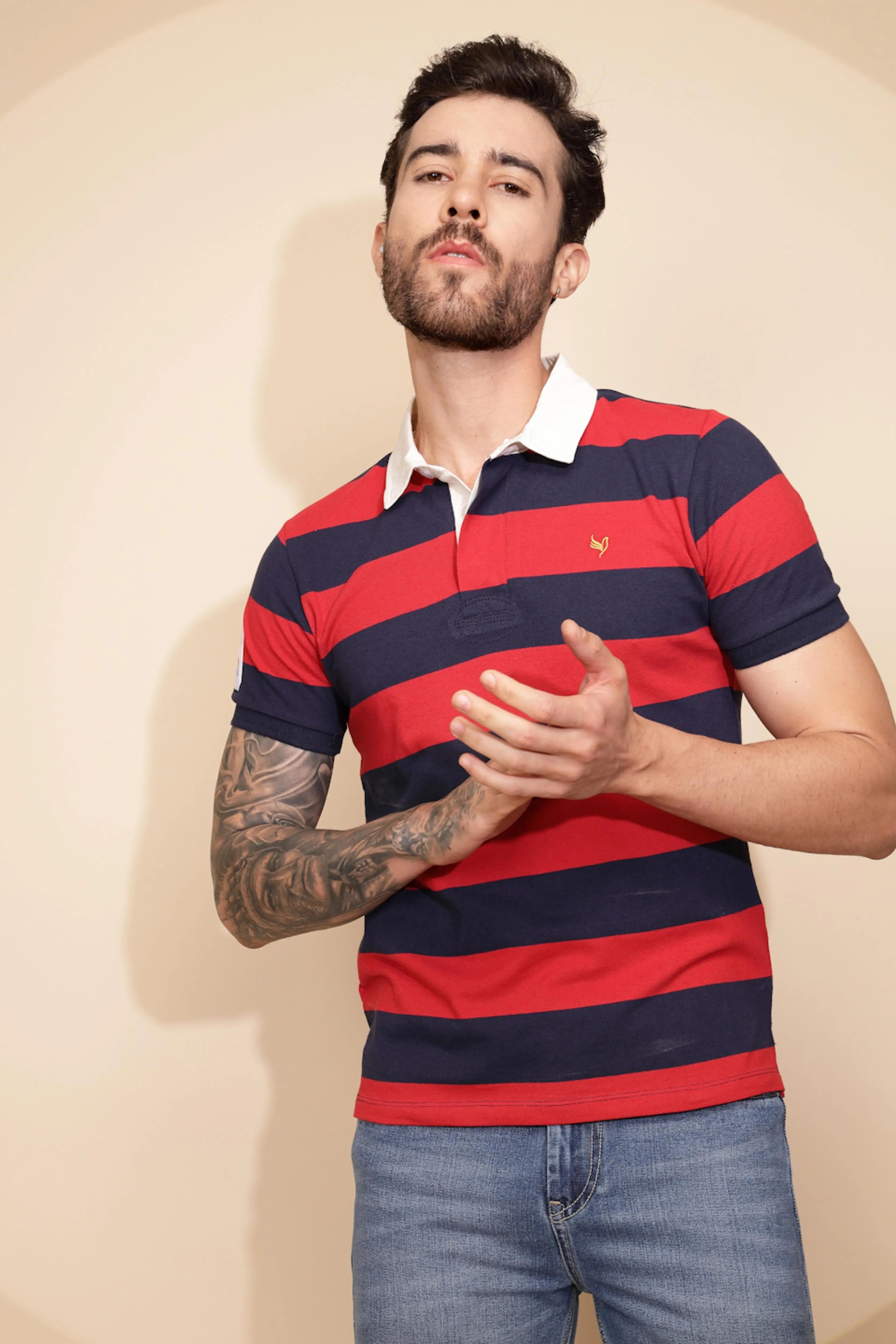Red and Blue Stripe Cotton Blend Regular Fit T-Shirt For Men - Global Republic