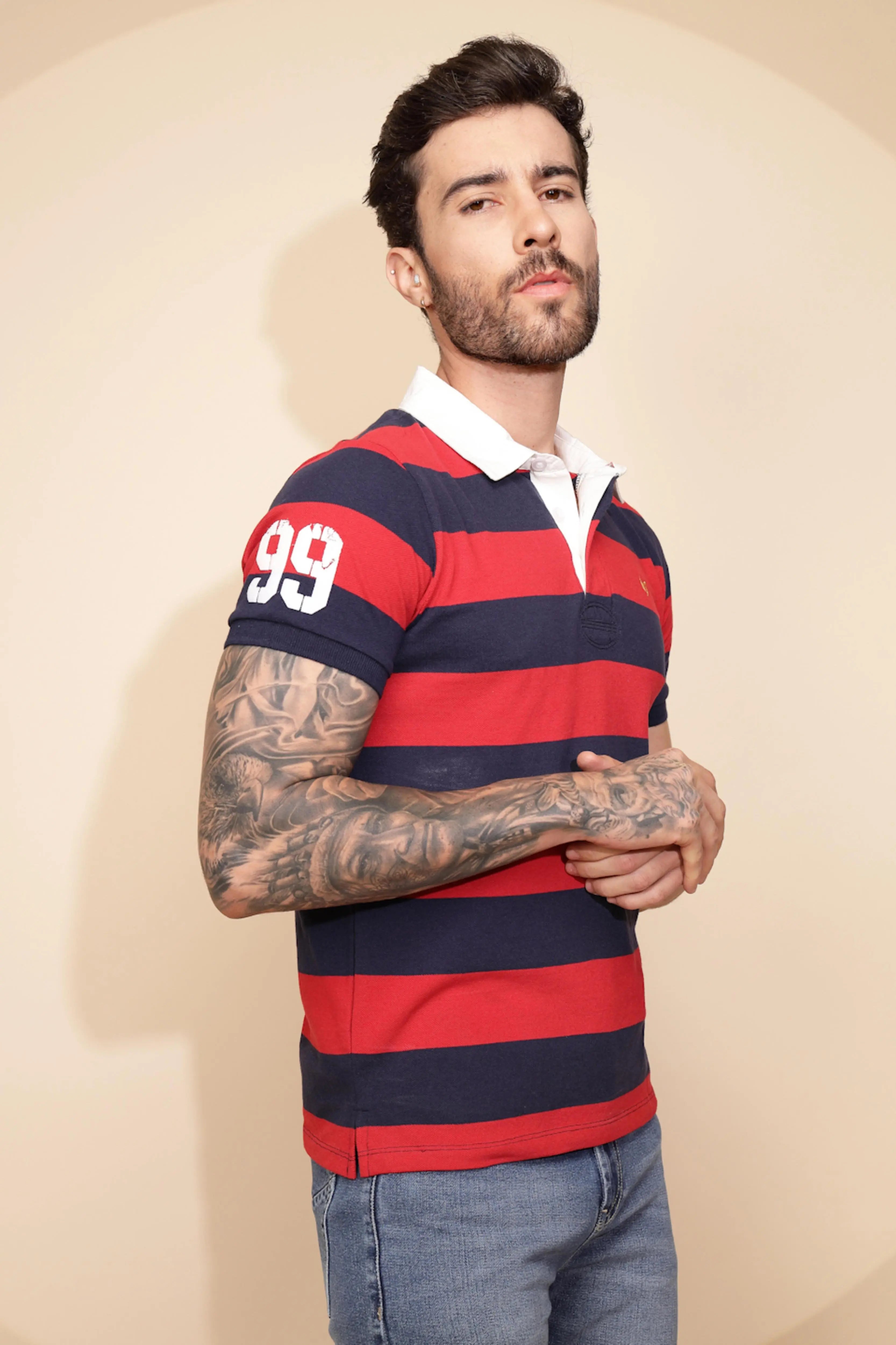 Red and Blue Stripe Cotton Blend Regular Fit T-Shirt For Men - Global Republic