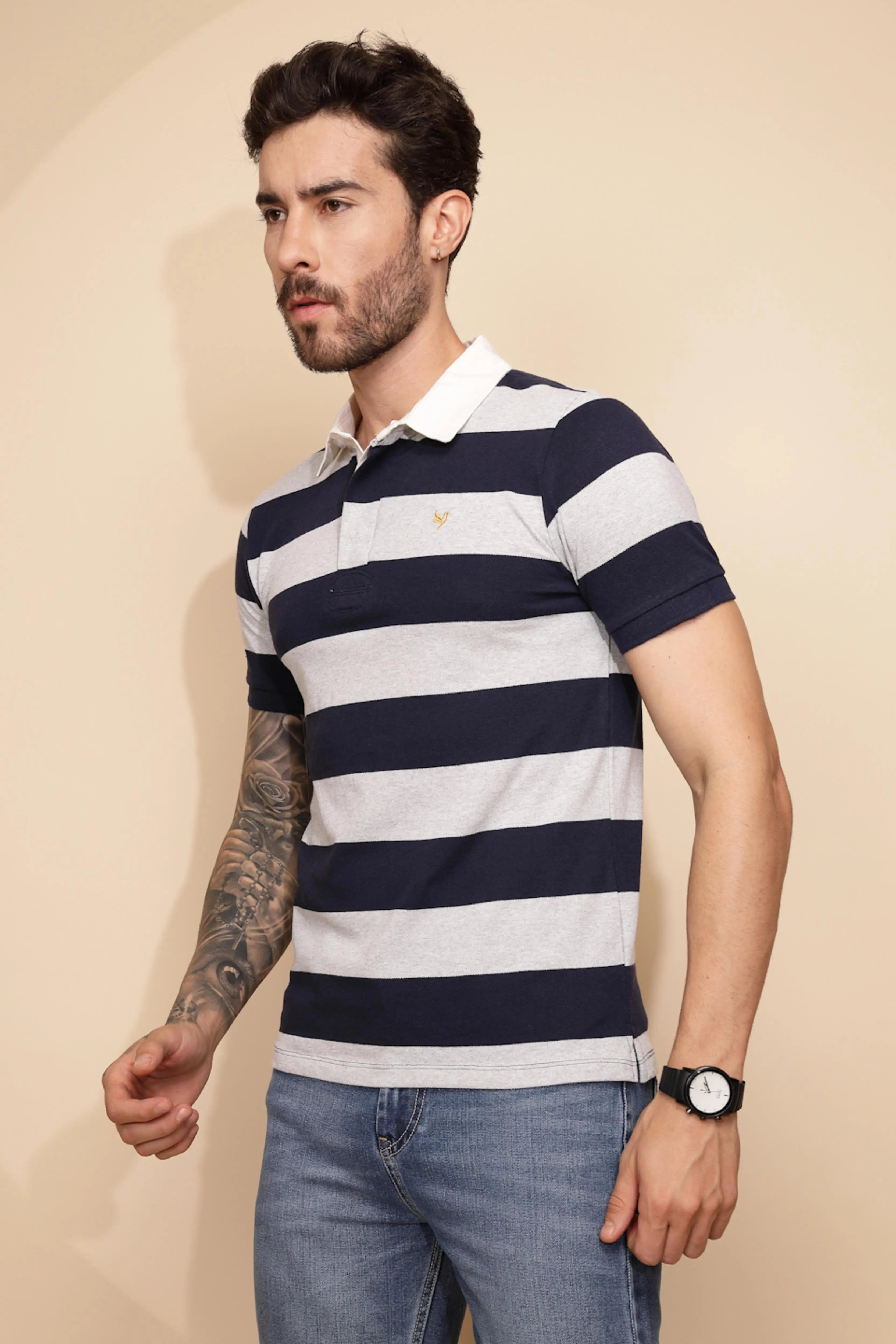Grey and Blue Stripe Cotton Blend Regular Fit T-Shirt For Men - Global Republic