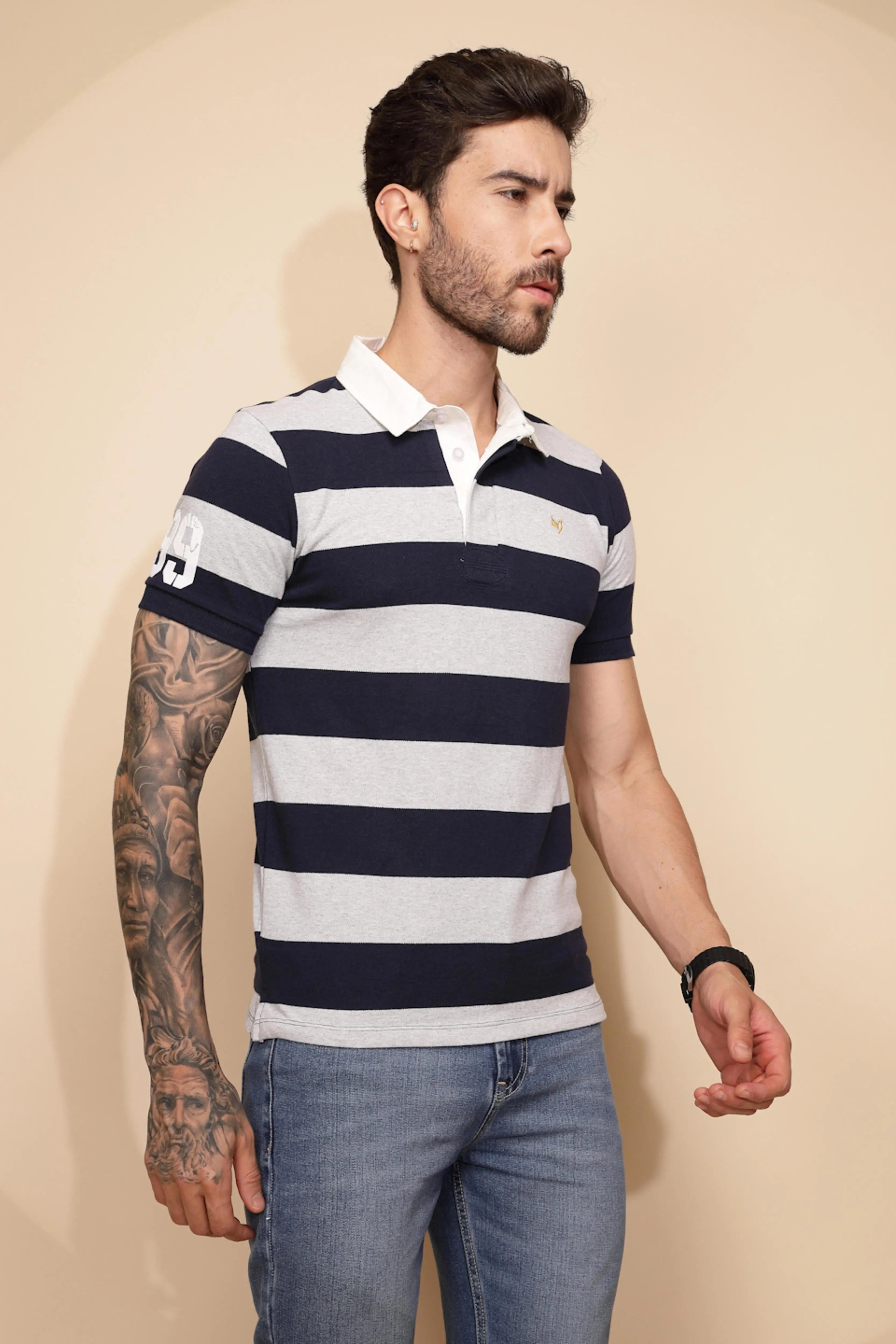 Grey and Blue Stripe Cotton Blend Regular Fit T-Shirt For Men - Global Republic