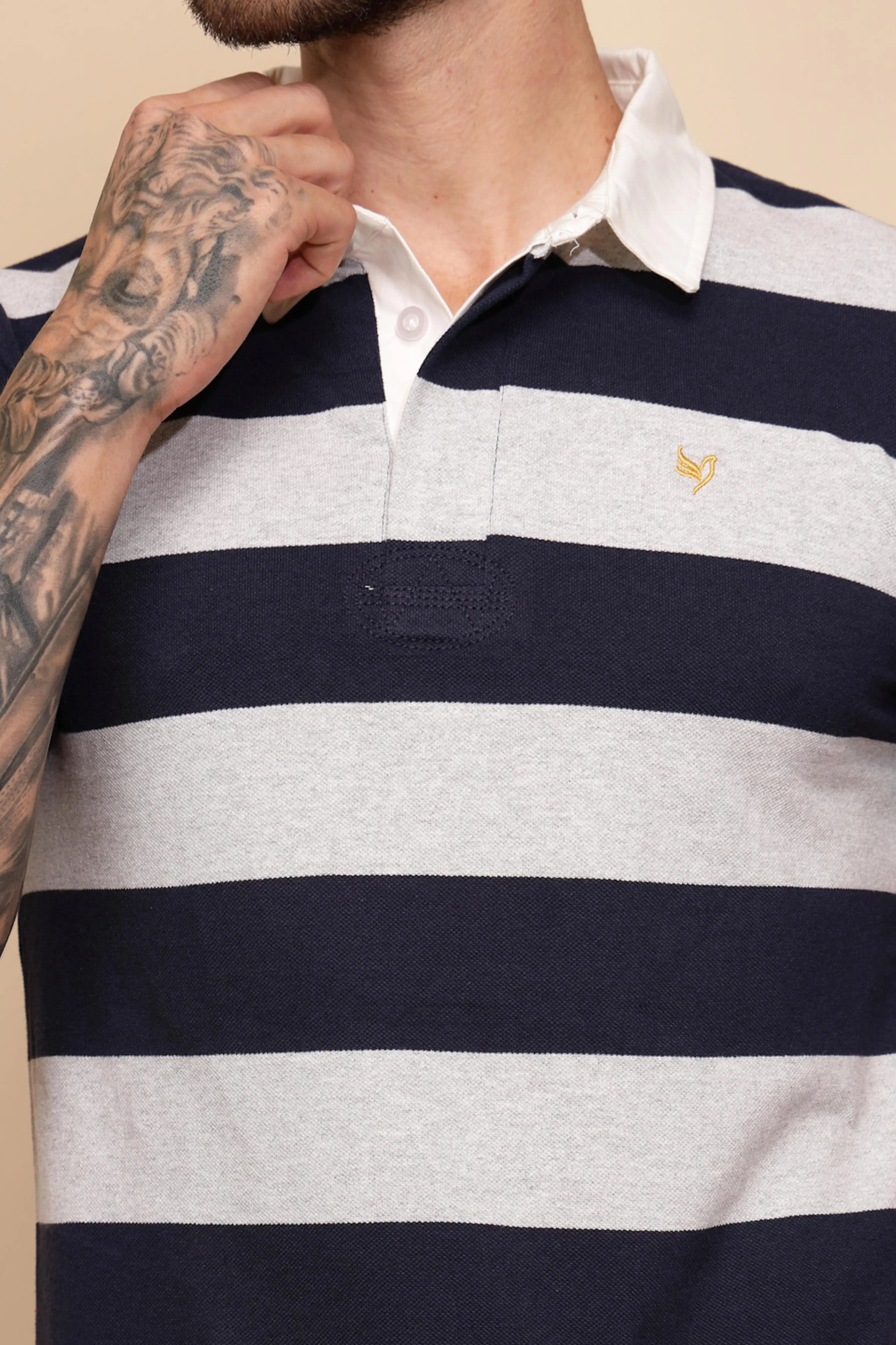 Grey and Blue Stripe Cotton Blend Regular Fit T-Shirt For Men - Global Republic