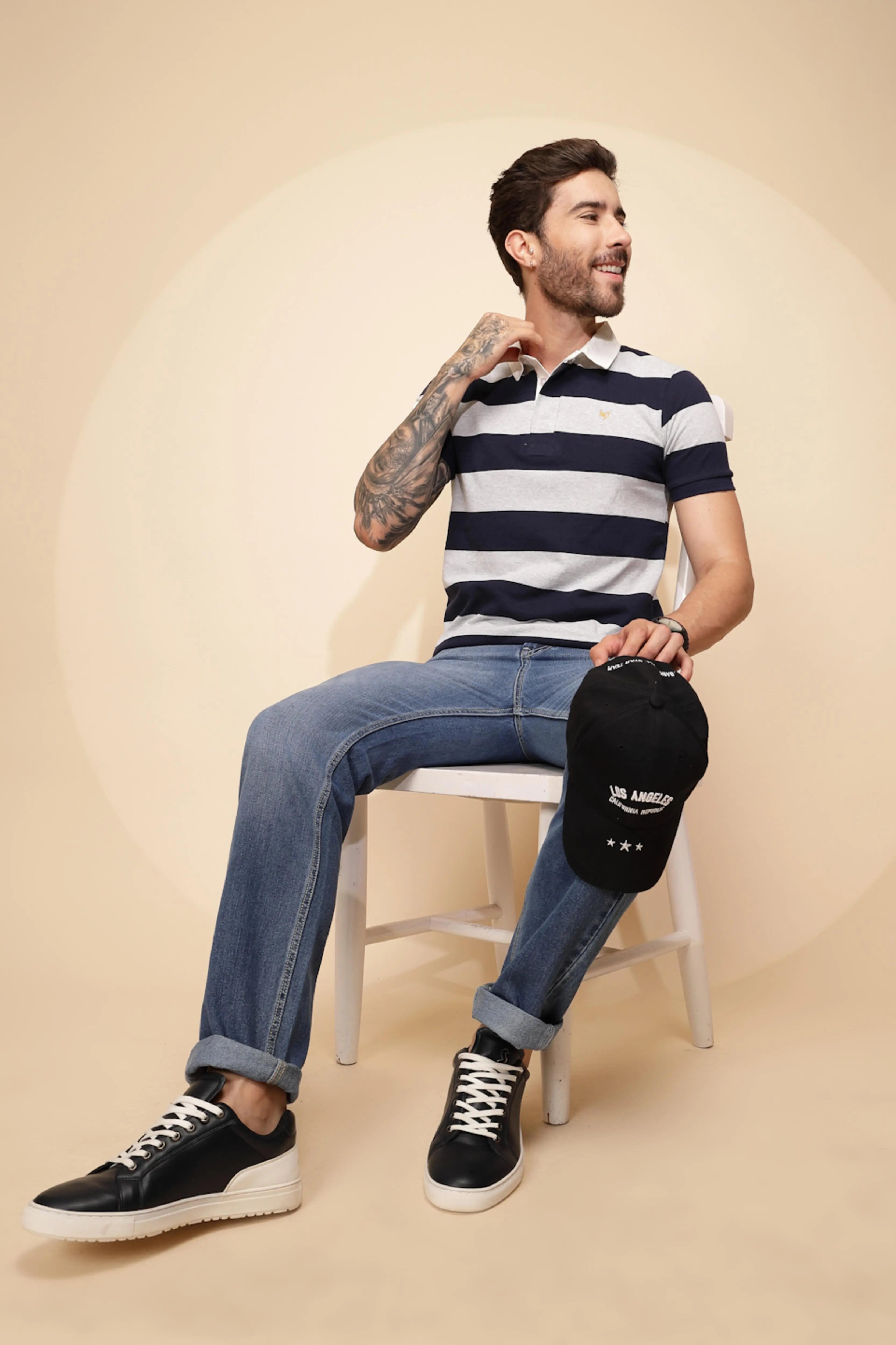 Grey & Blue Stripe Cotton Blend T-Shirt - Global Republic