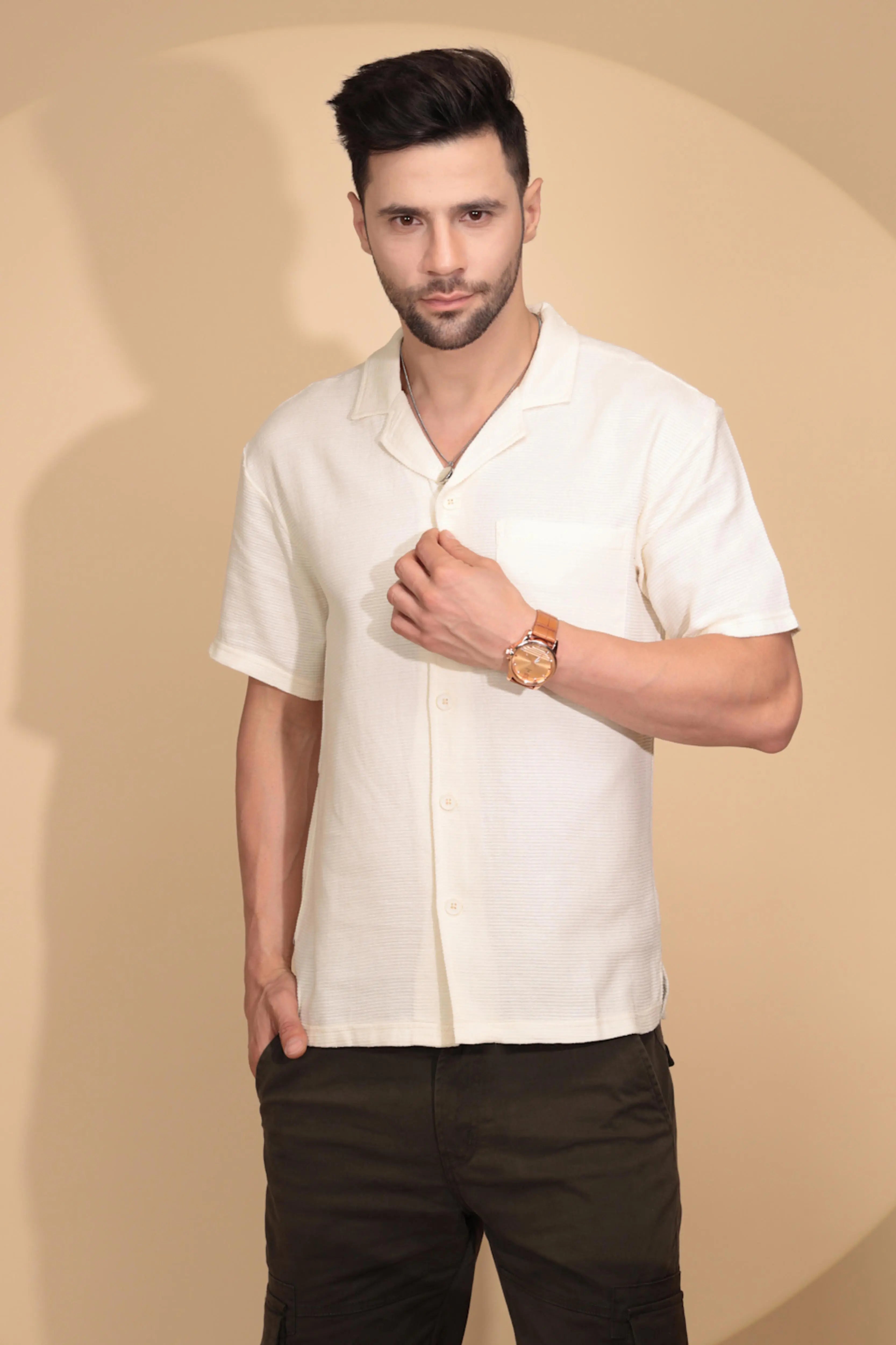 Cream Cotton Regular Fit Shirt For Mens - Global Republic