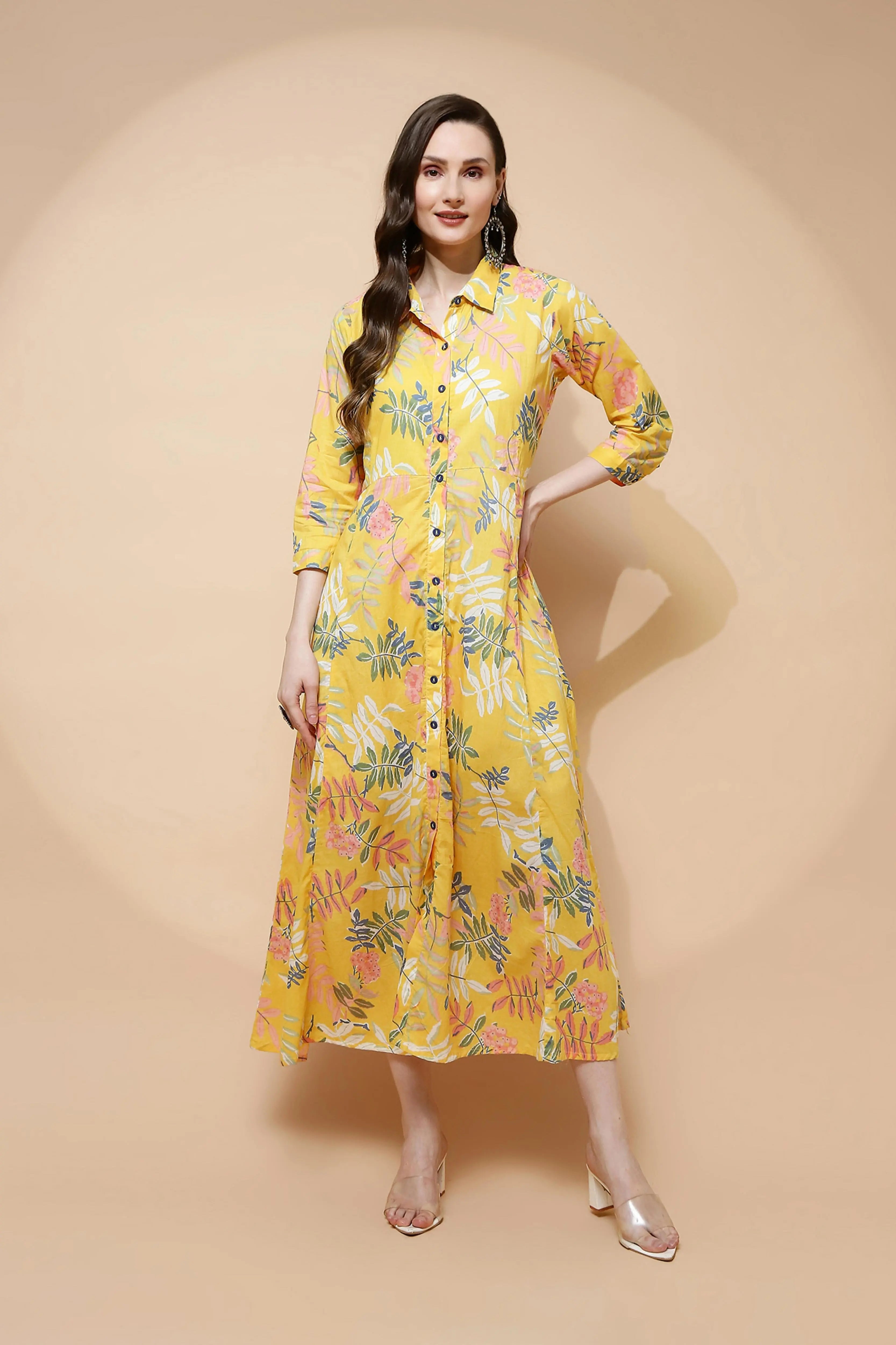Yellow Cotton Blend Regular Fit Dress For Women - Global Republic