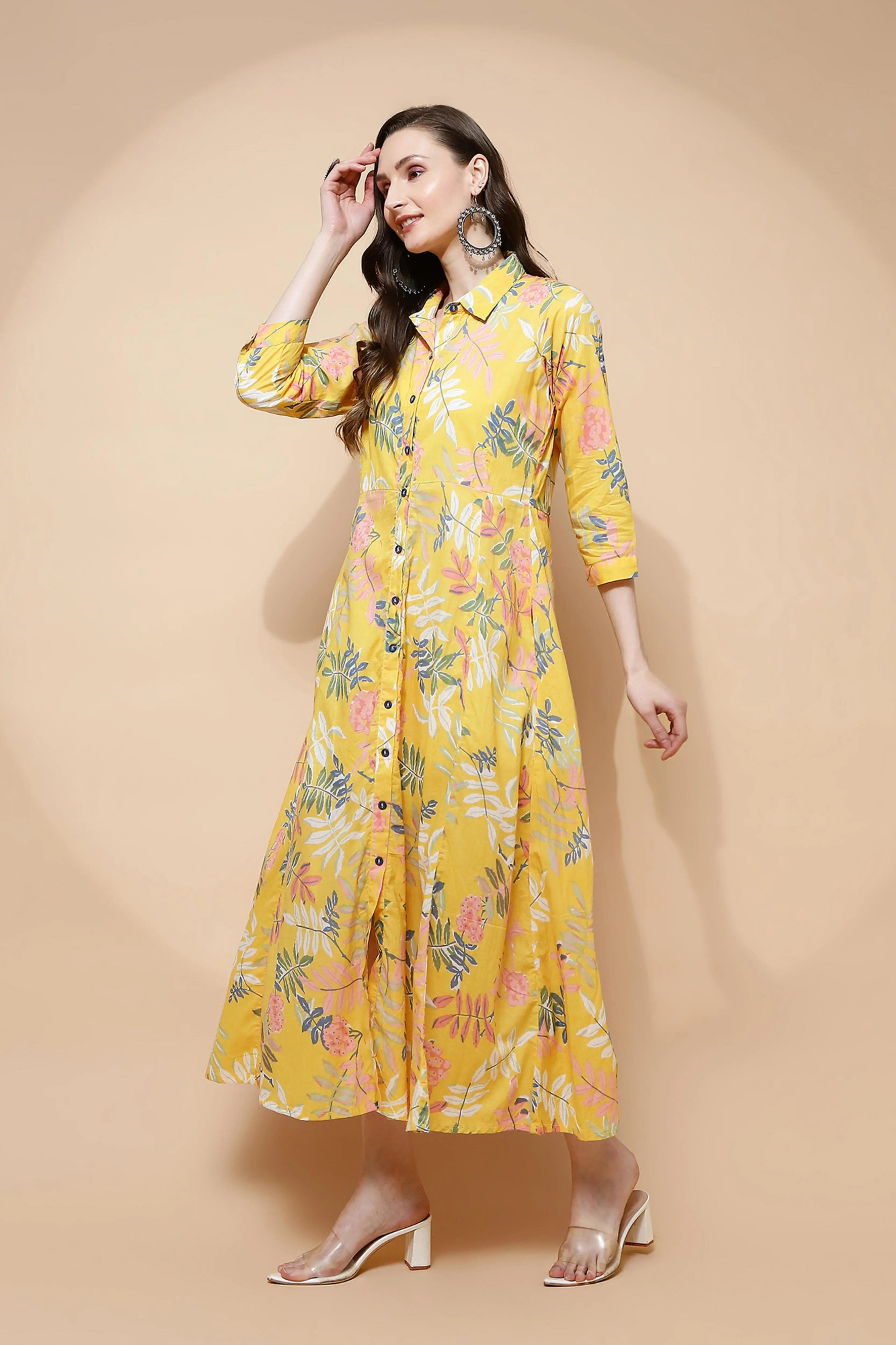 Yellow Cotton Blend Regular Fit Dress For Women - Global Republic