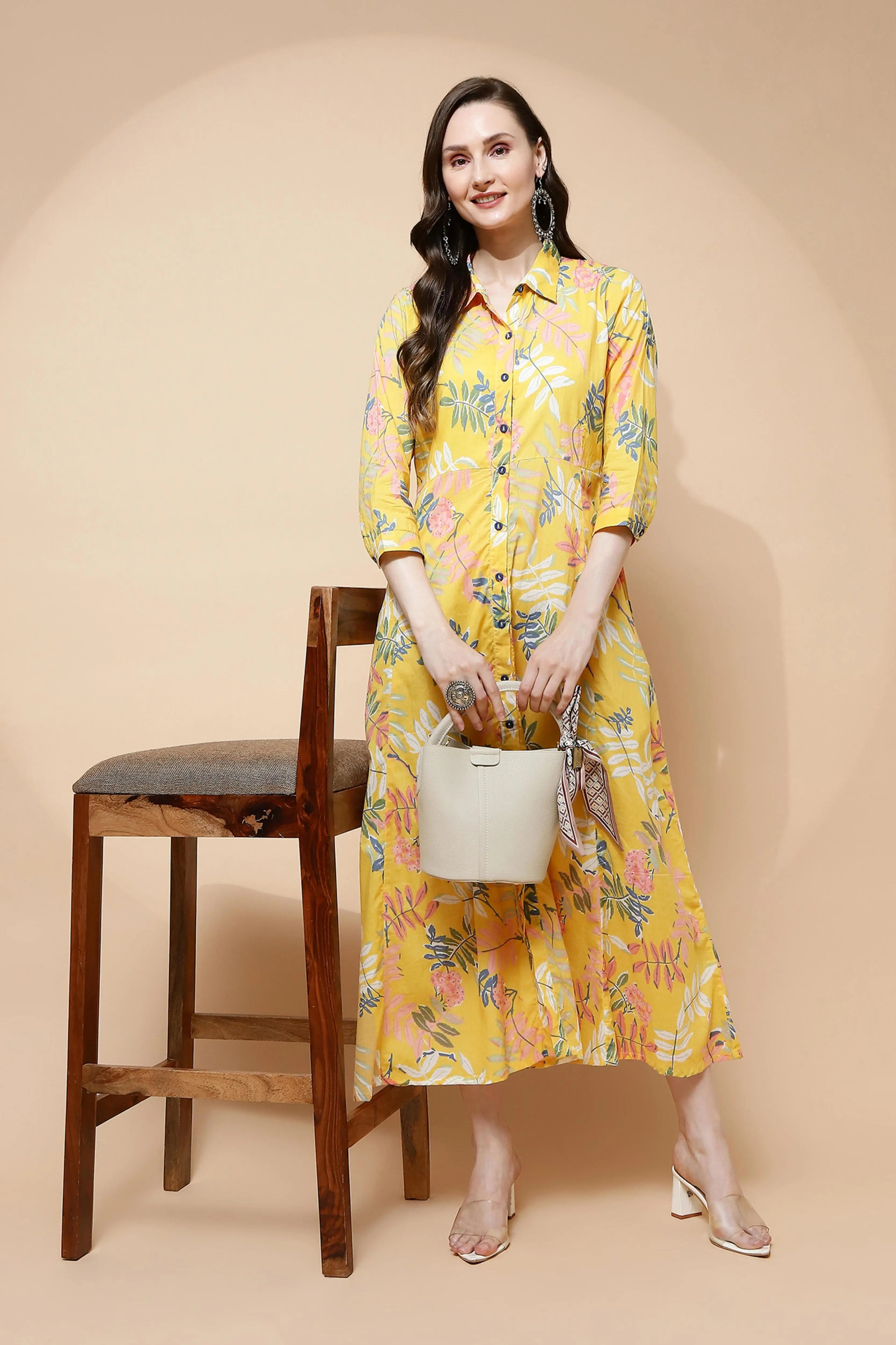 Yellow Cotton Blend Regular Fit Dress For Women - Global Republic