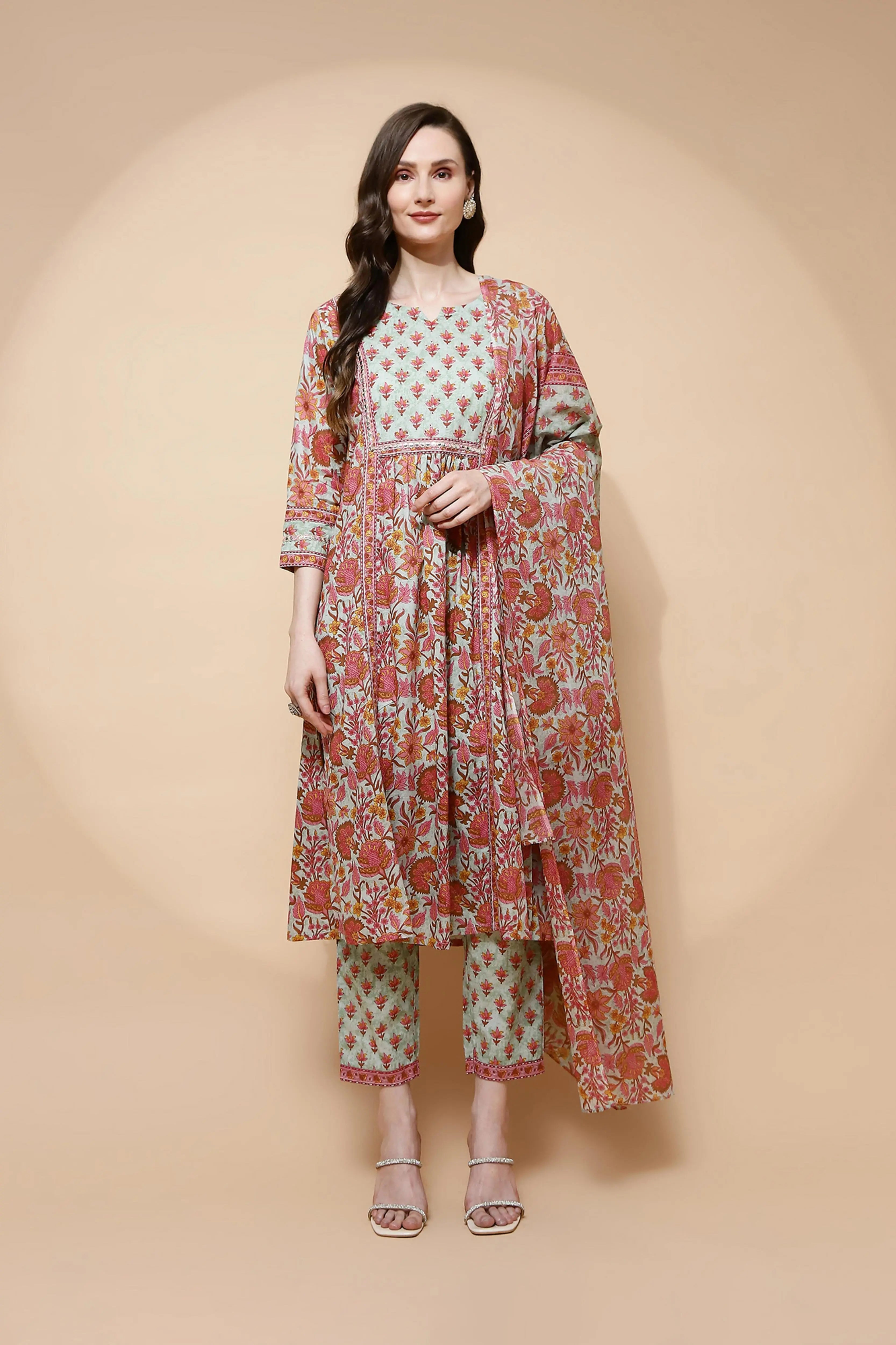 Green Cotton Blend Loose Fit Suit Set For Women - Global Republic