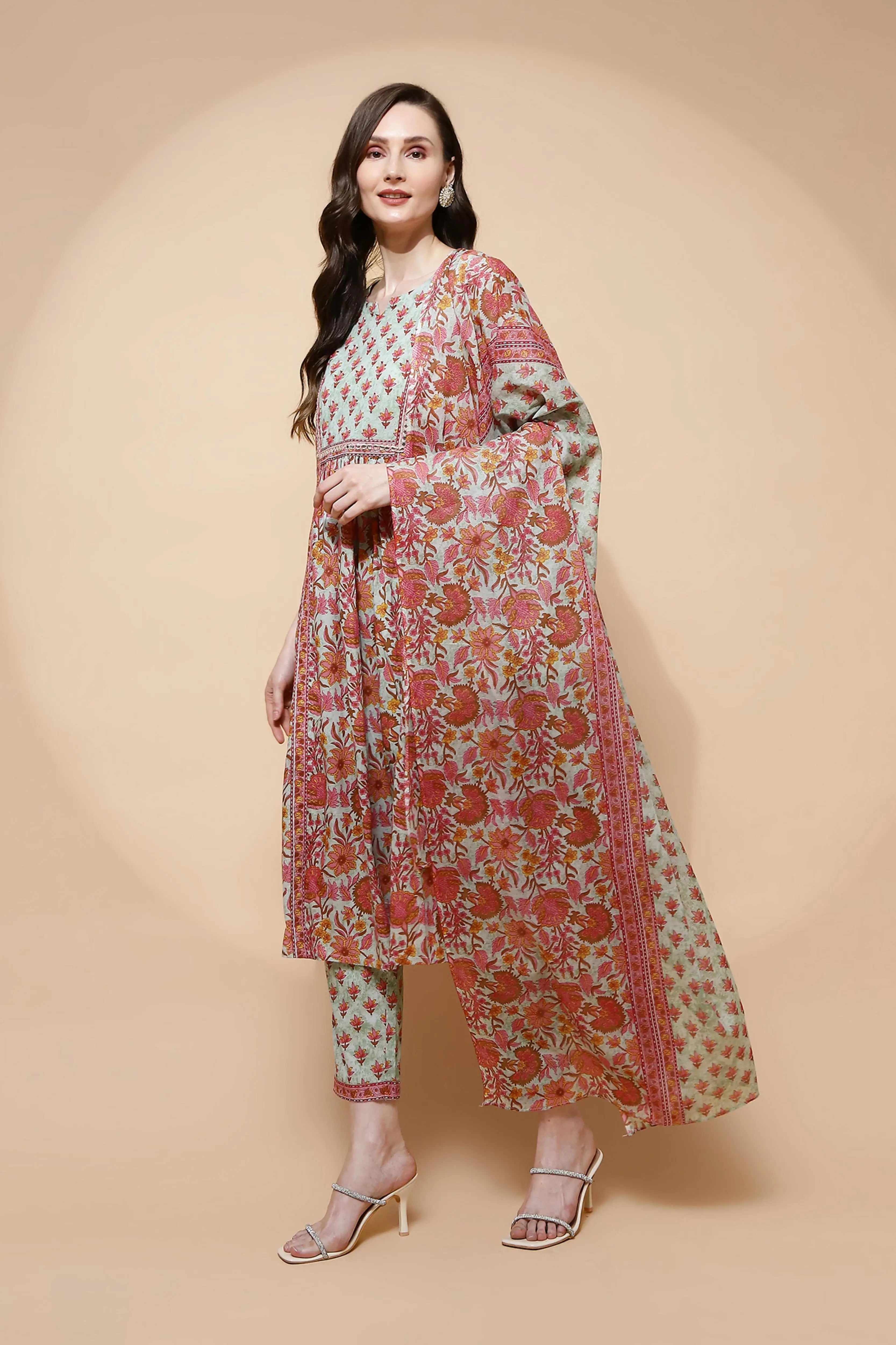 Green Cotton Blend Loose Fit Suit Set For Women - Global Republic