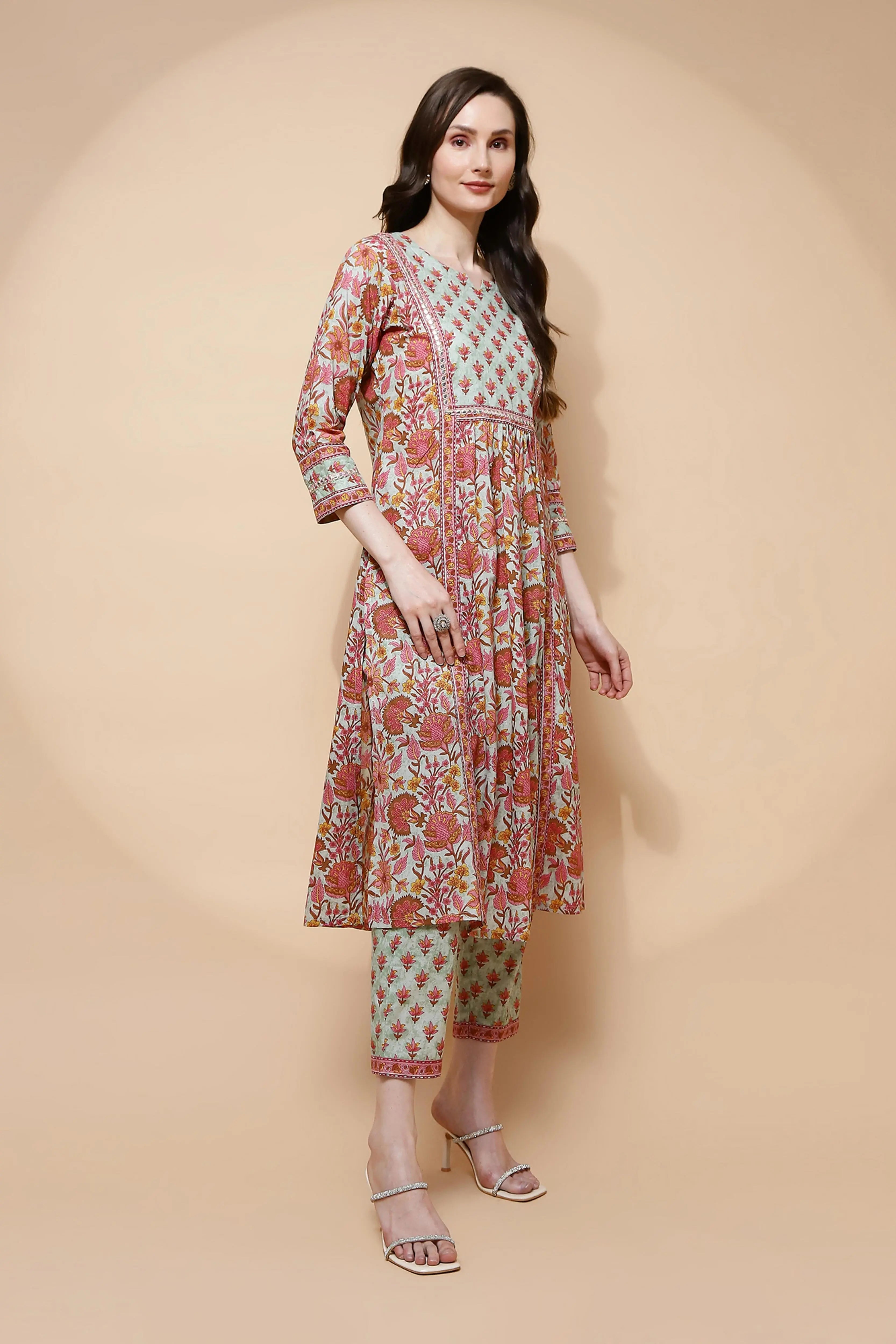 Green Cotton Blend Loose Fit Suit Set For Women - Global Republic