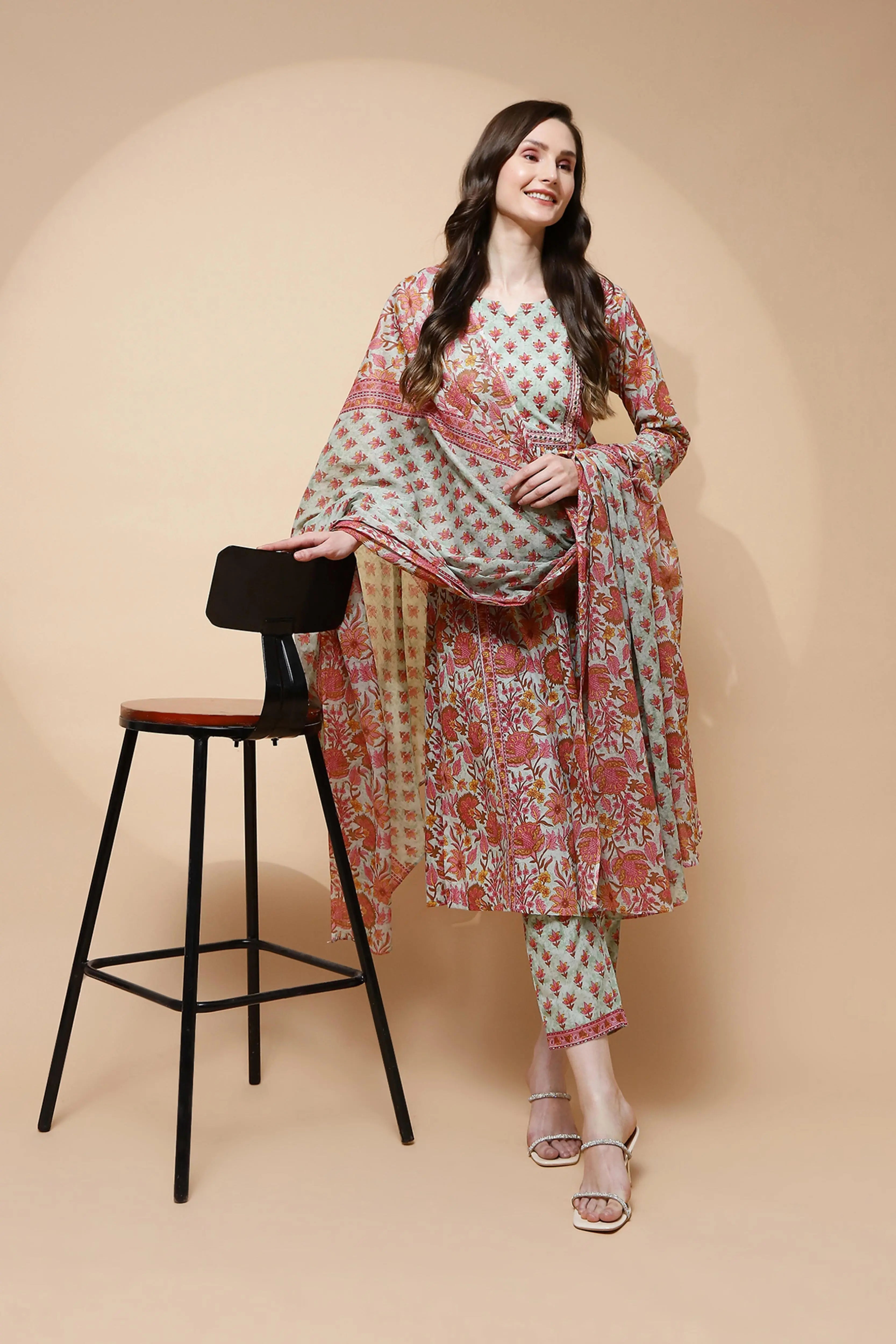 Green Cotton Blend Loose Fit Suit Set For Women - Global Republic