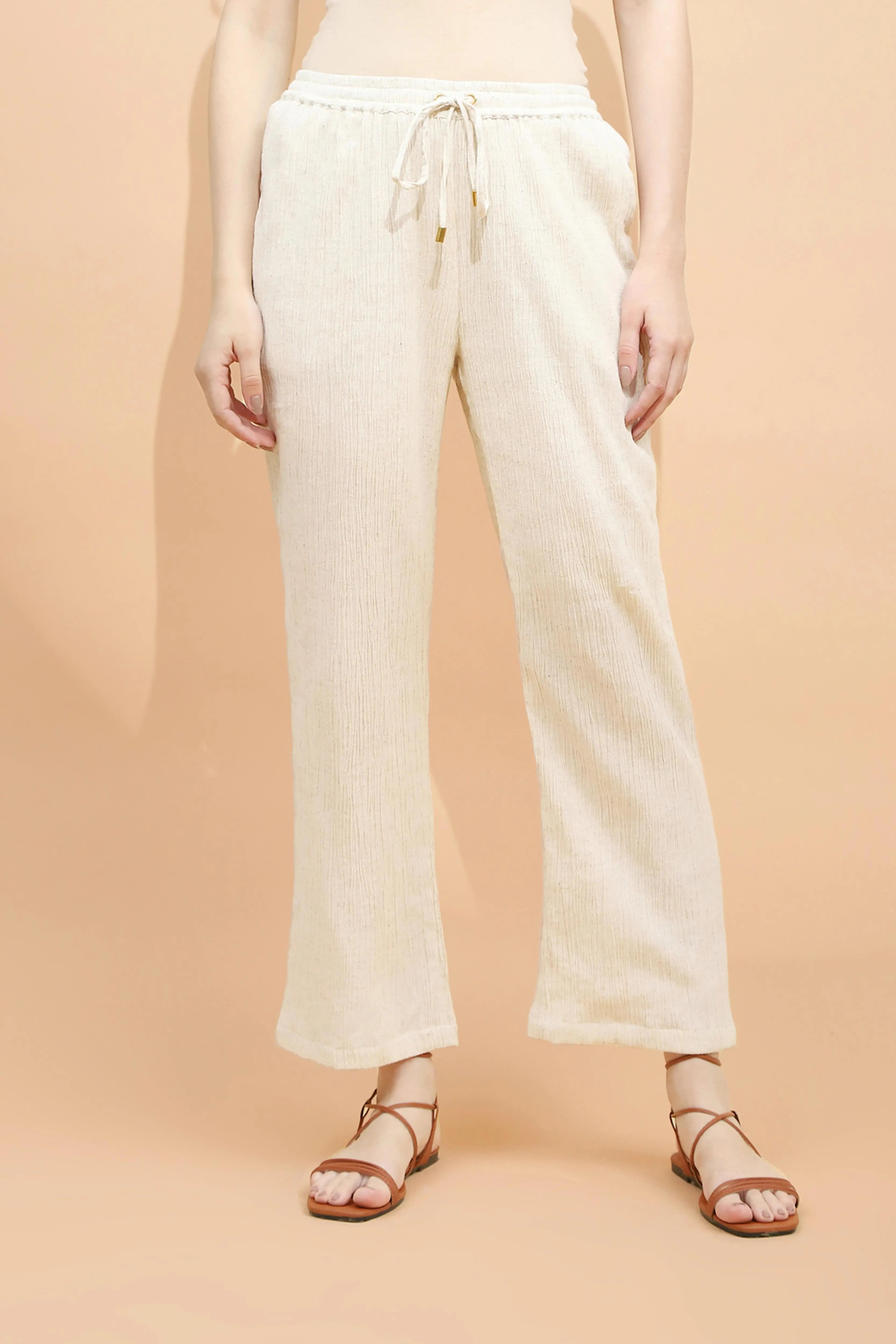 Natural Beige Linen Relaxed Fit Lower For Women - Global Republic