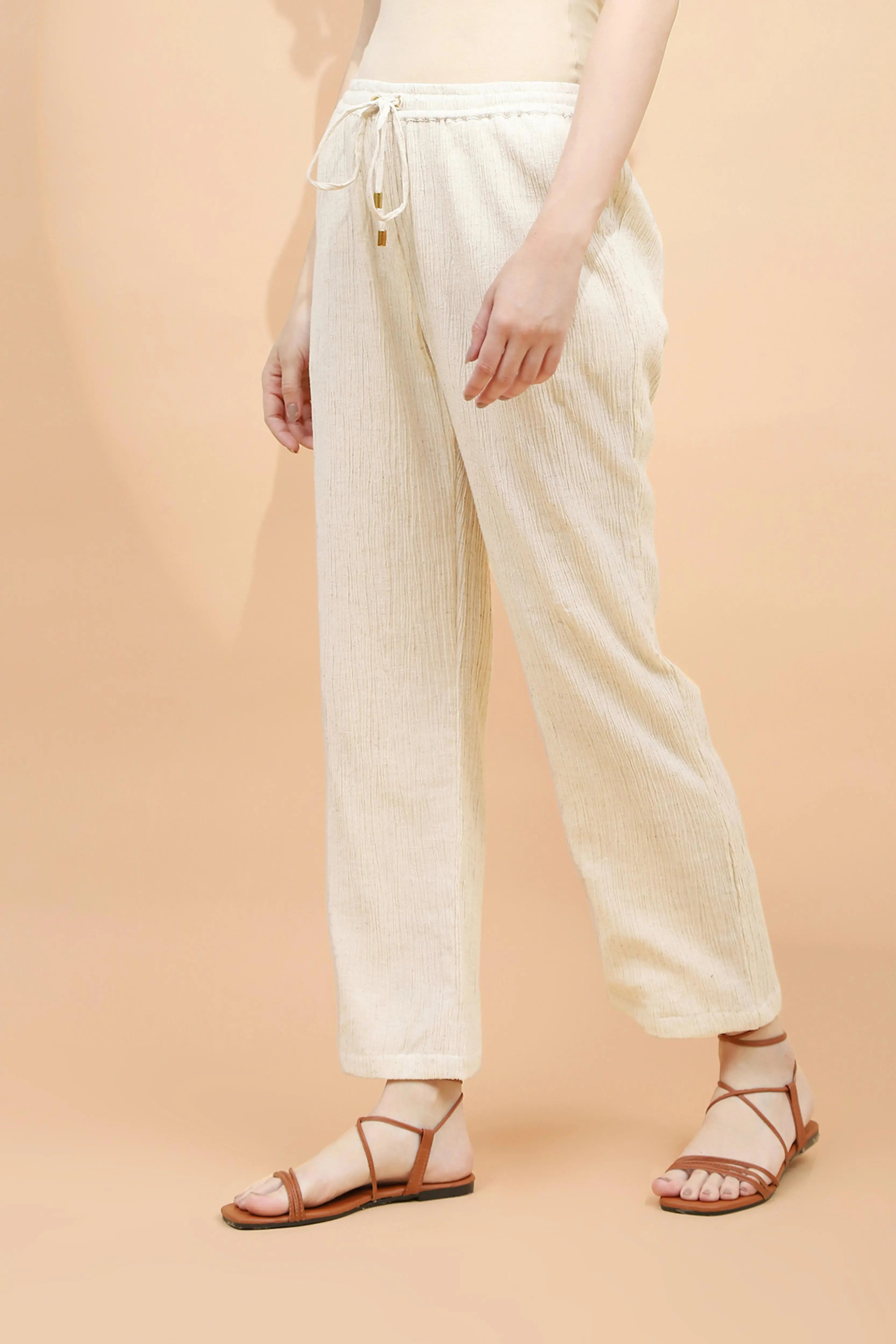 Natural Beige Linen Relaxed Fit Lower For Women - Global Republic