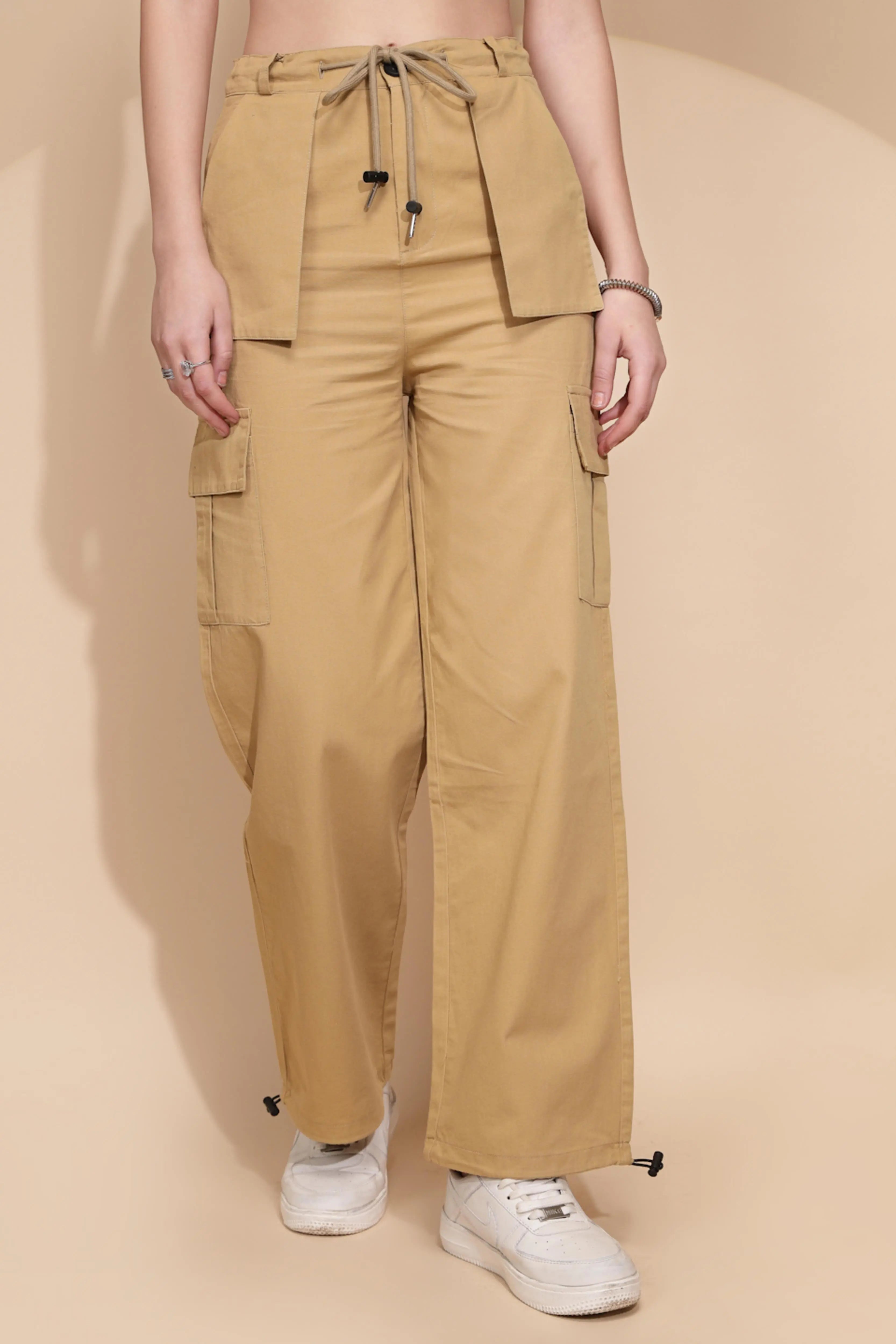 Khaki Cotton Relaxed Fit Cargo For Women - Global Republic