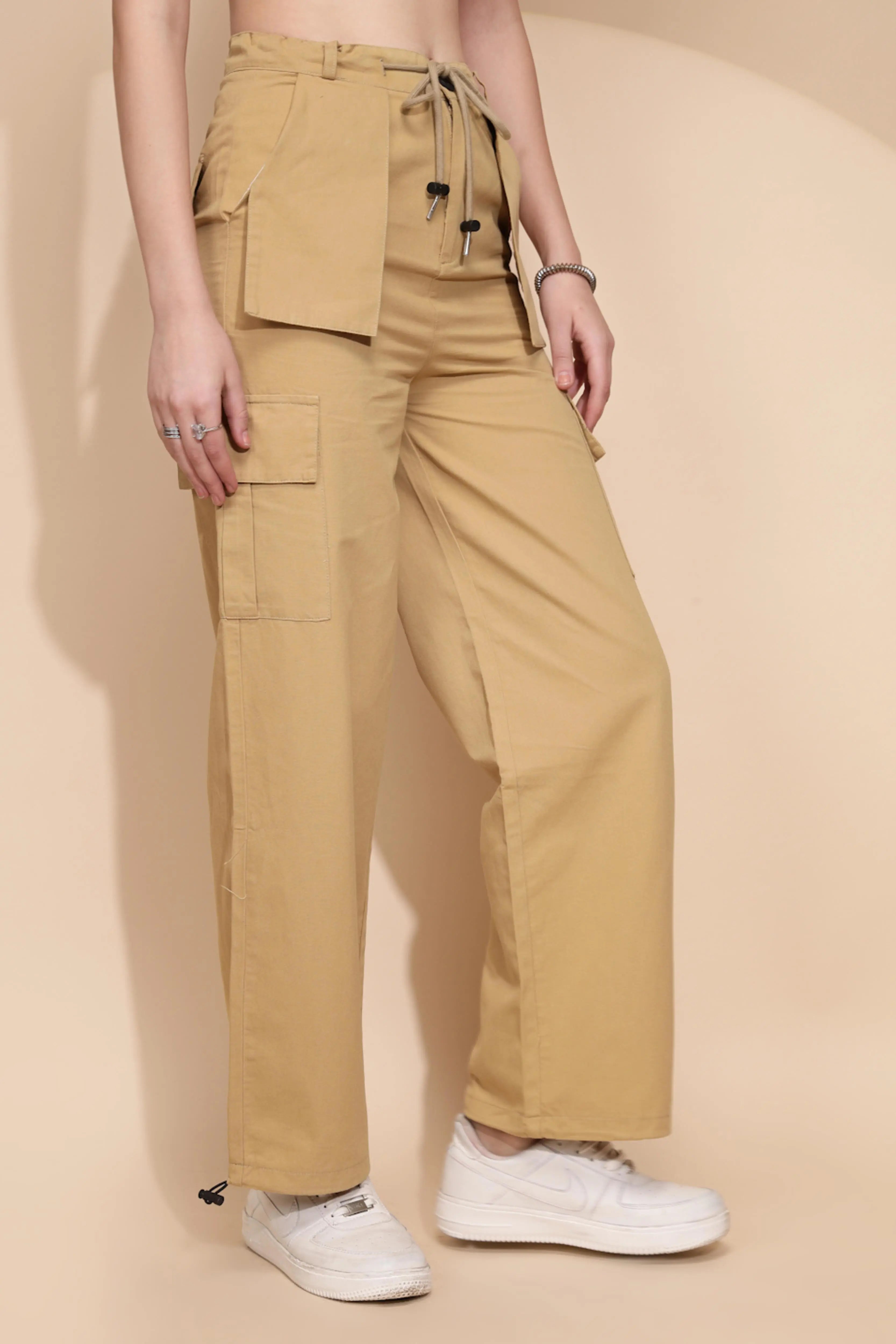 Khaki Cotton Relaxed Fit Cargo For Women - Global Republic