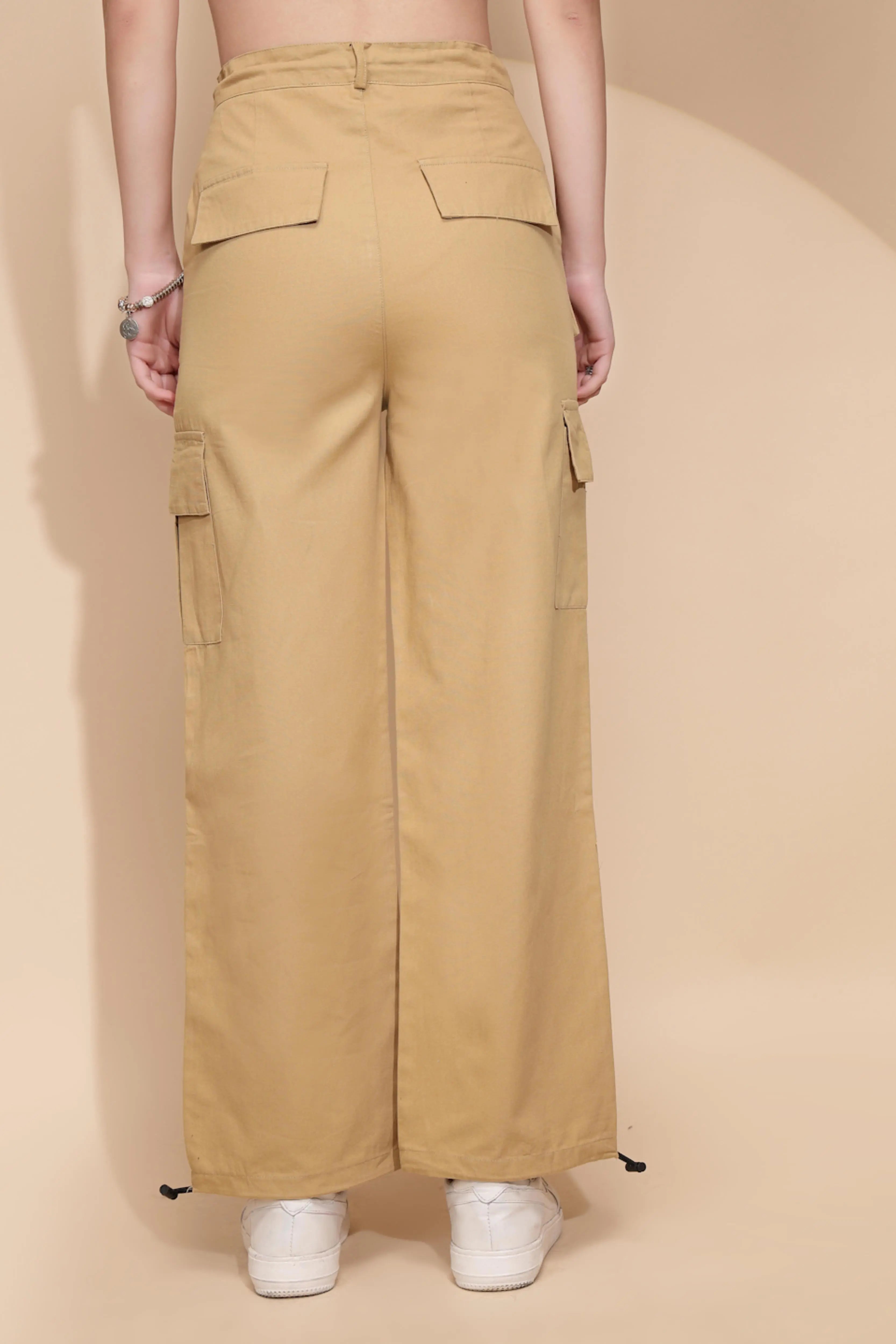 Khaki Cotton Relaxed Fit Cargo For Women - Global Republic