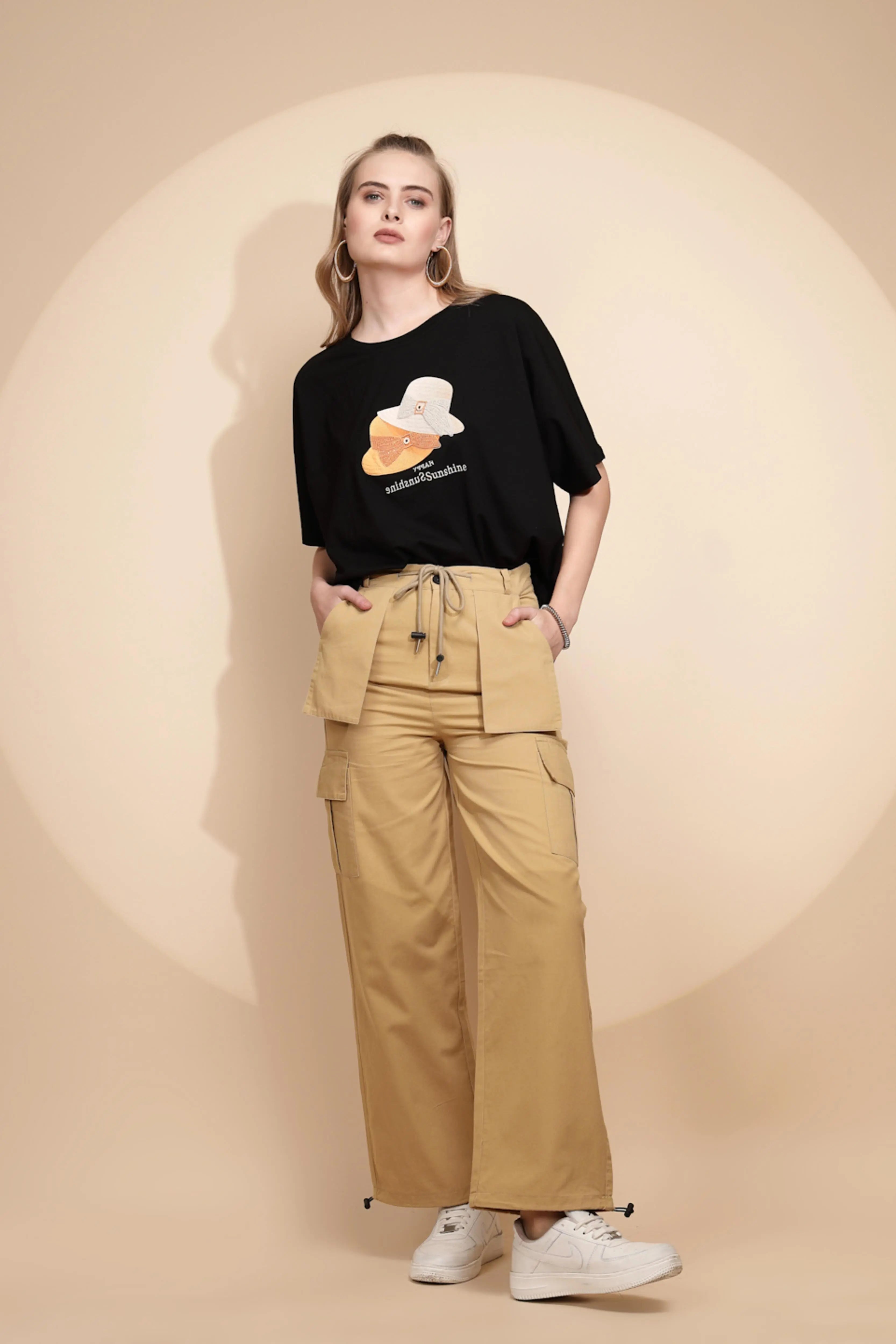 Khaki Cotton Relaxed Fit Cargo For Women - Global Republic