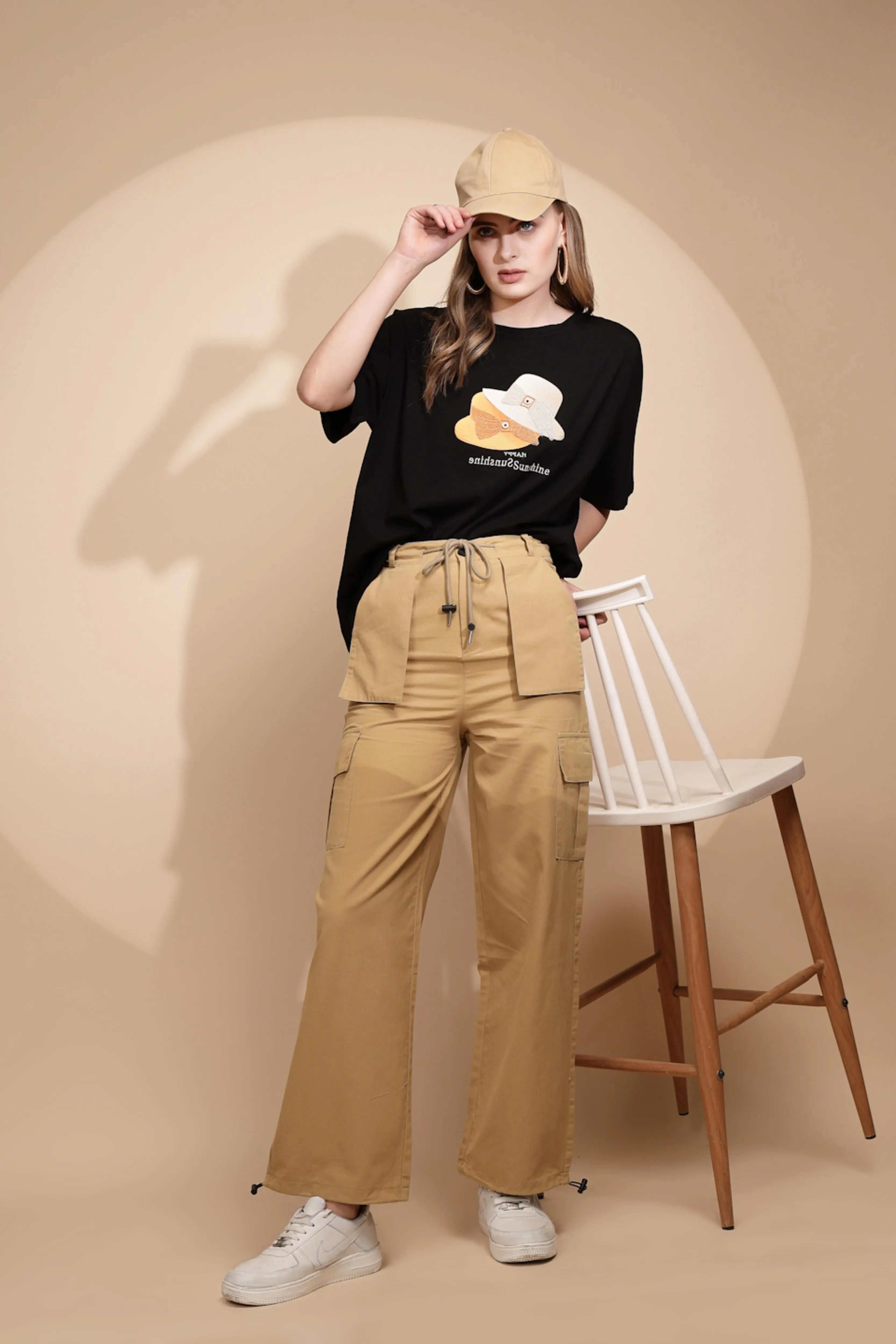 Khaki Cotton Relaxed Fit Cargo For Women - Global Republic