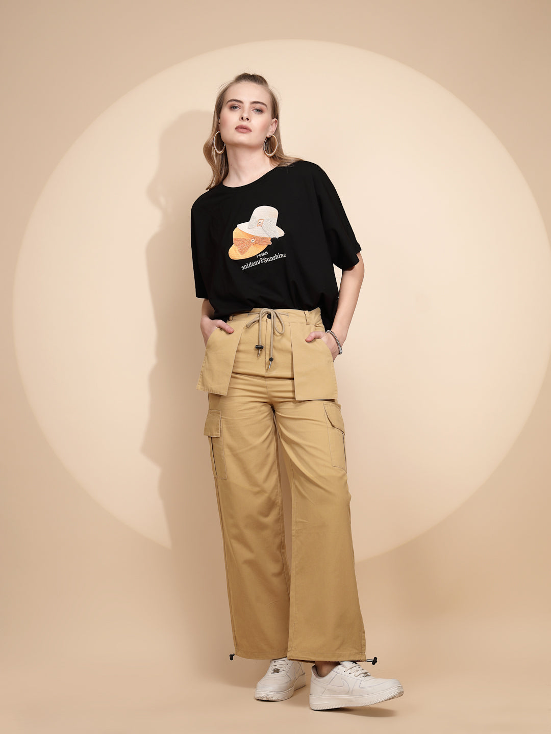 Khaki Cotton Relaxed Fit Cargo For Women - Global Republic