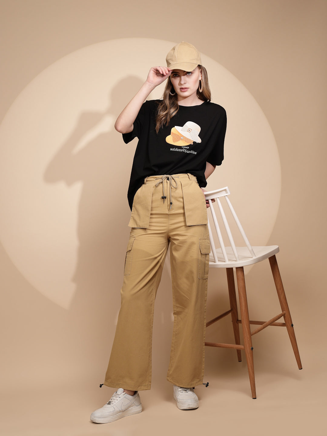 Khaki Cotton Relaxed Fit Cargo For Women - Global Republic