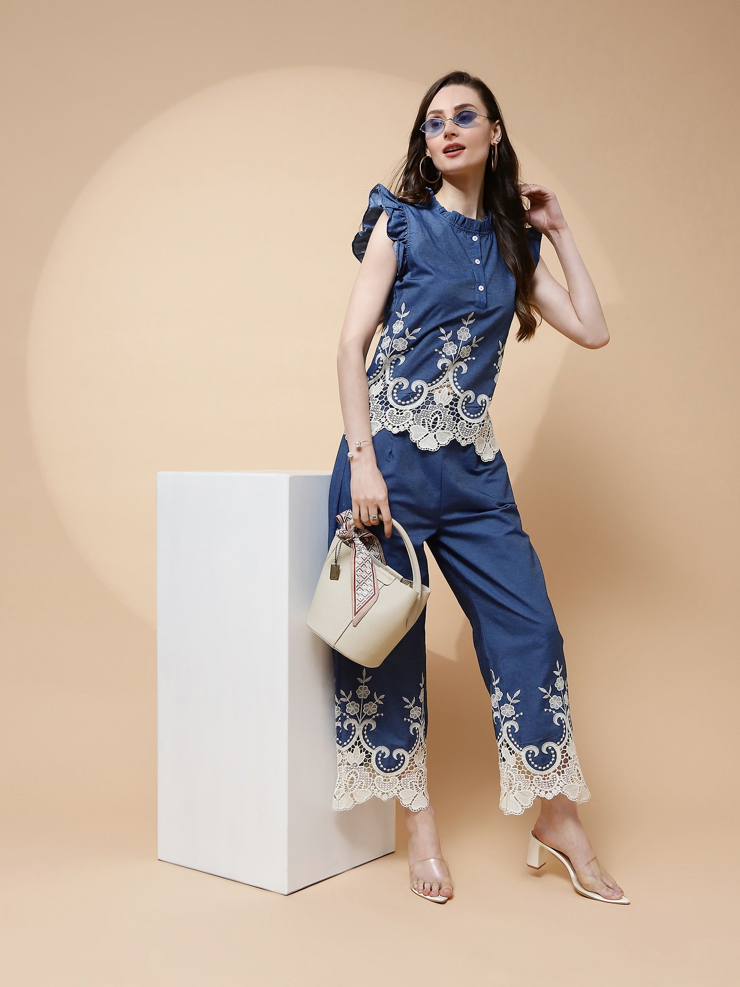 Blue Embroidered Cotton Blend Lower