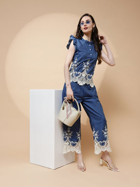 Blue Embroidered Cotton Blend Lower