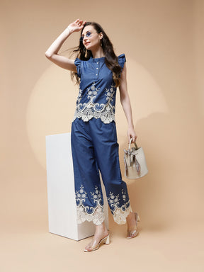 Blue Embroidered Cotton Blend Lower