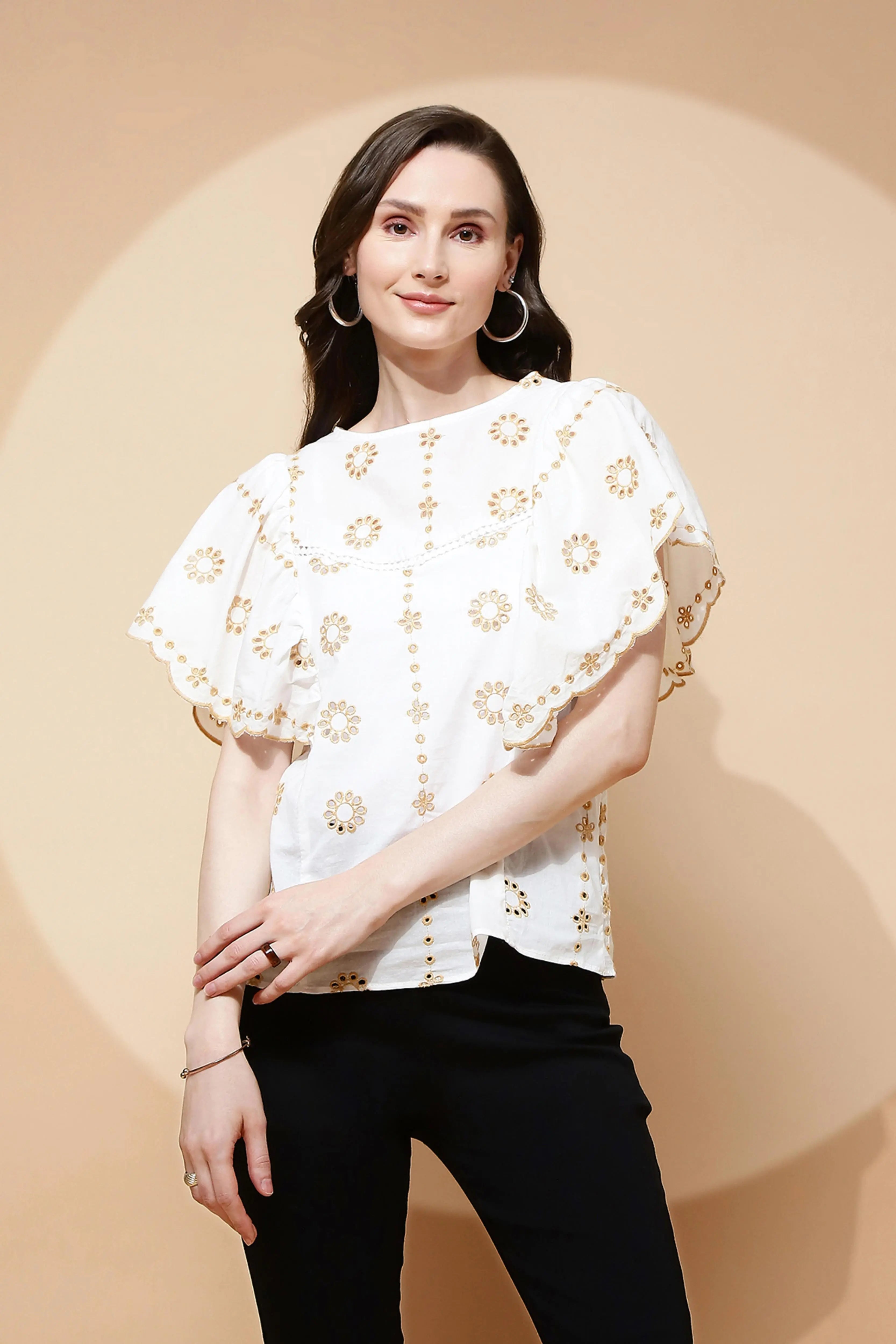 White Cotton Blend Schiffili Top - Global Republic