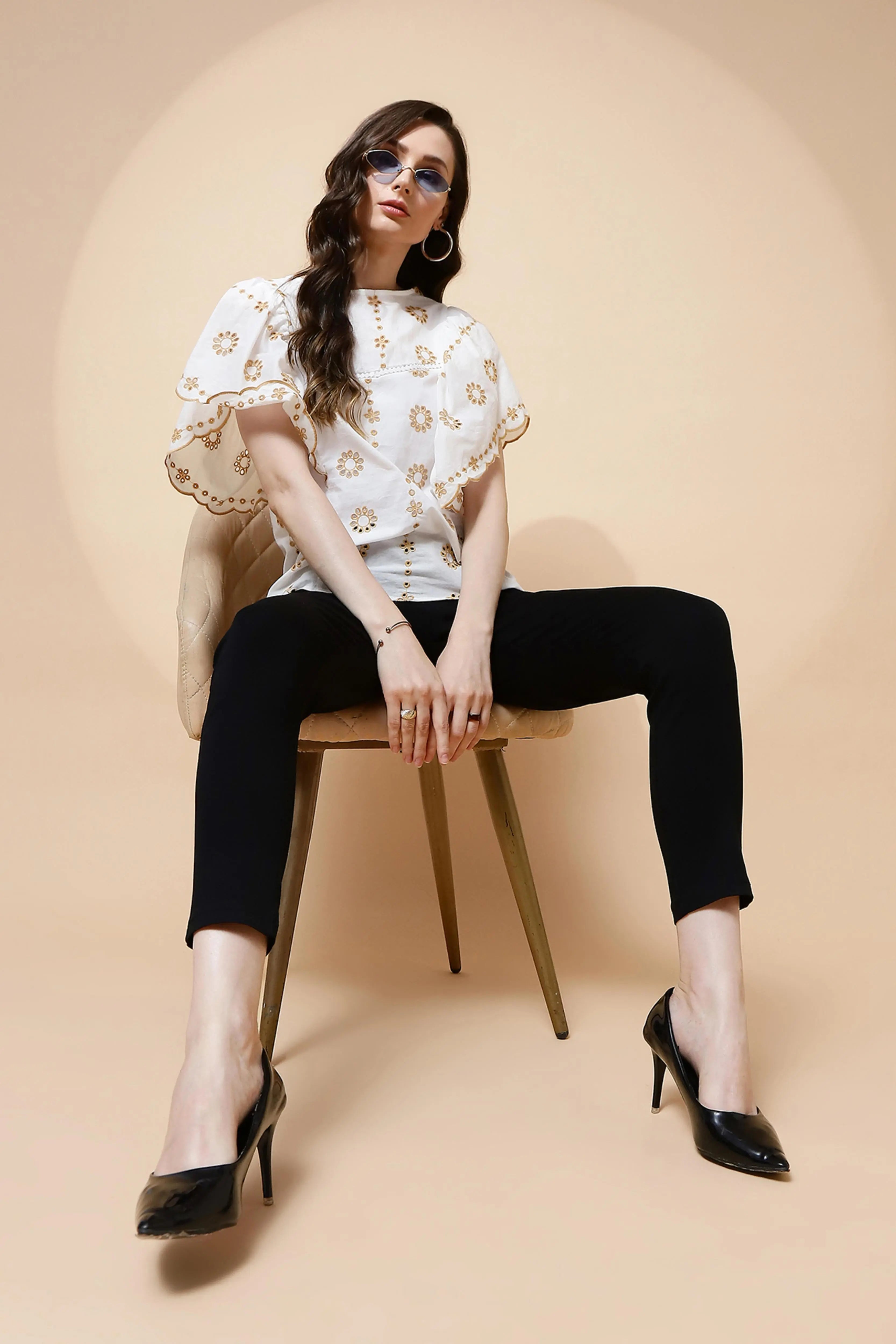 White Cotton Blend Schiffili Top - Global Republic