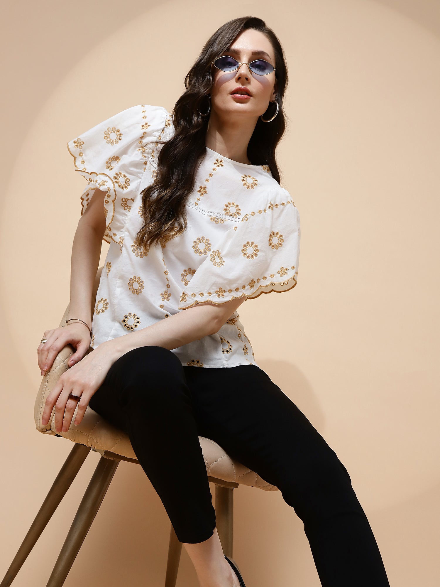 White Cotton Blend Schiffili Top - Global Republic