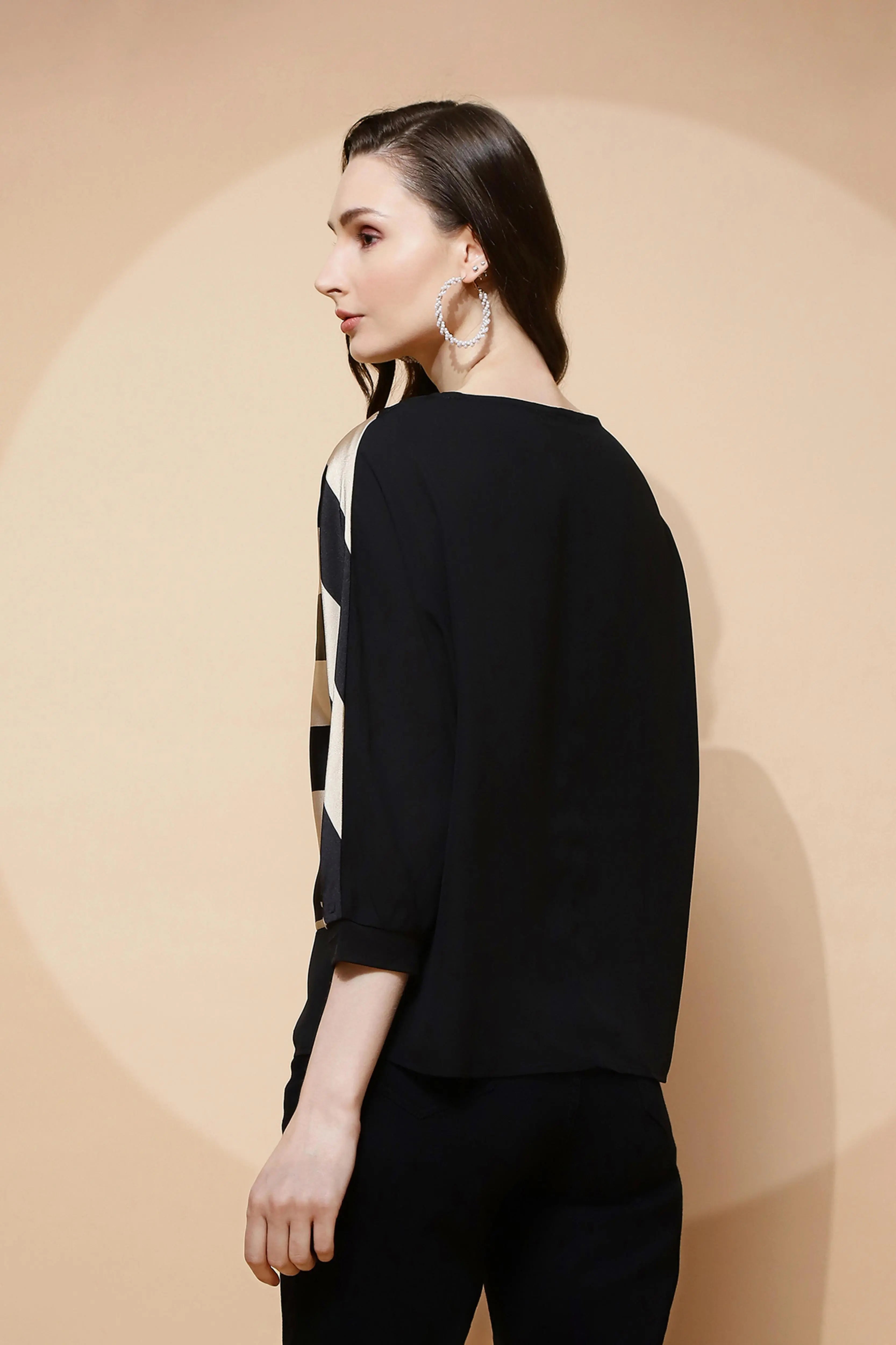 Beige and Black  Regular Fit Blouse For Women - Global Republic