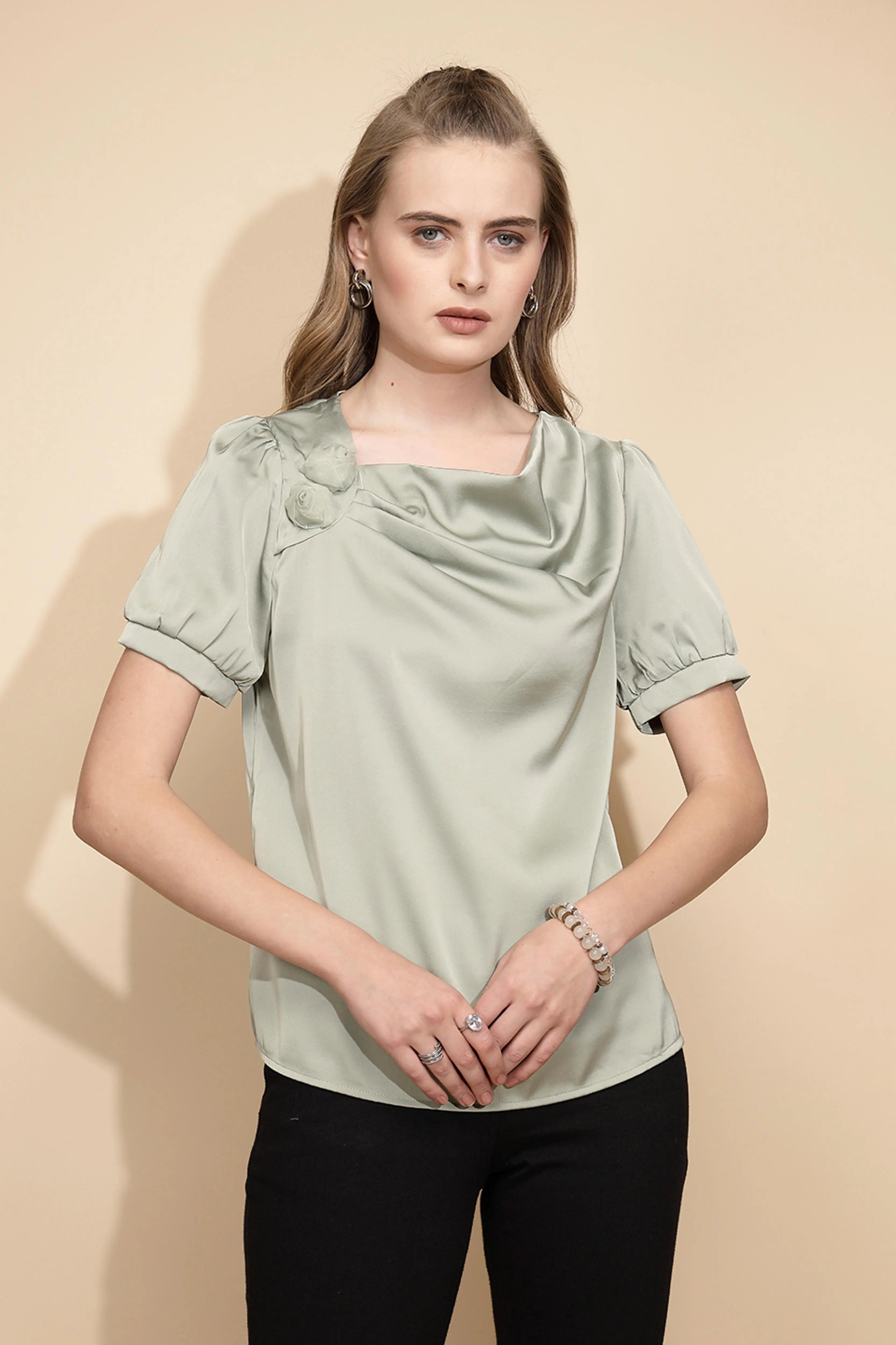 Avocado Satin Cowl Neck Top - Global Republic
