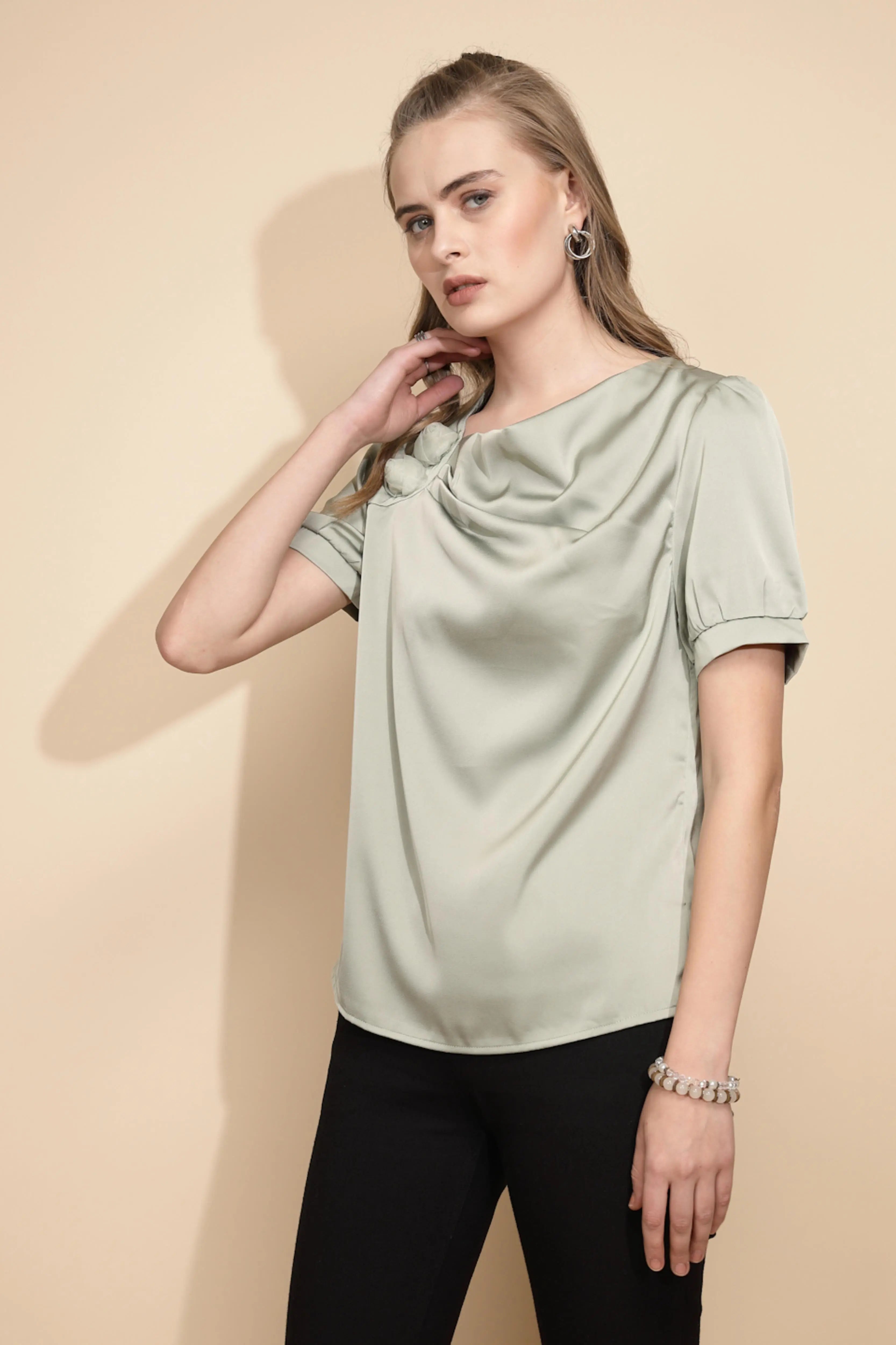 Avocado Satin Cowl Neck Top - Global Republic
