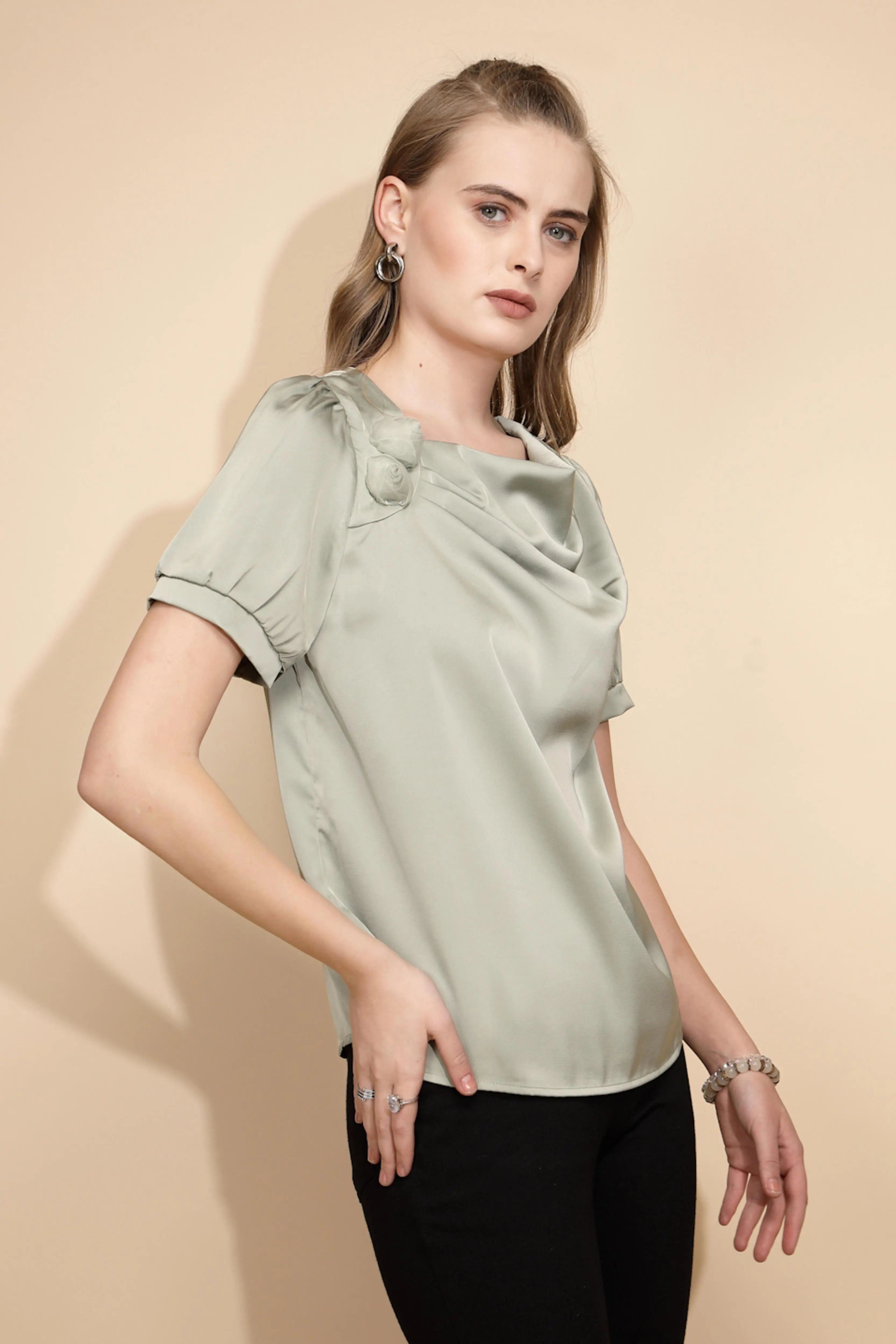 Avocado Satin Cowl Neck Top - Global Republic