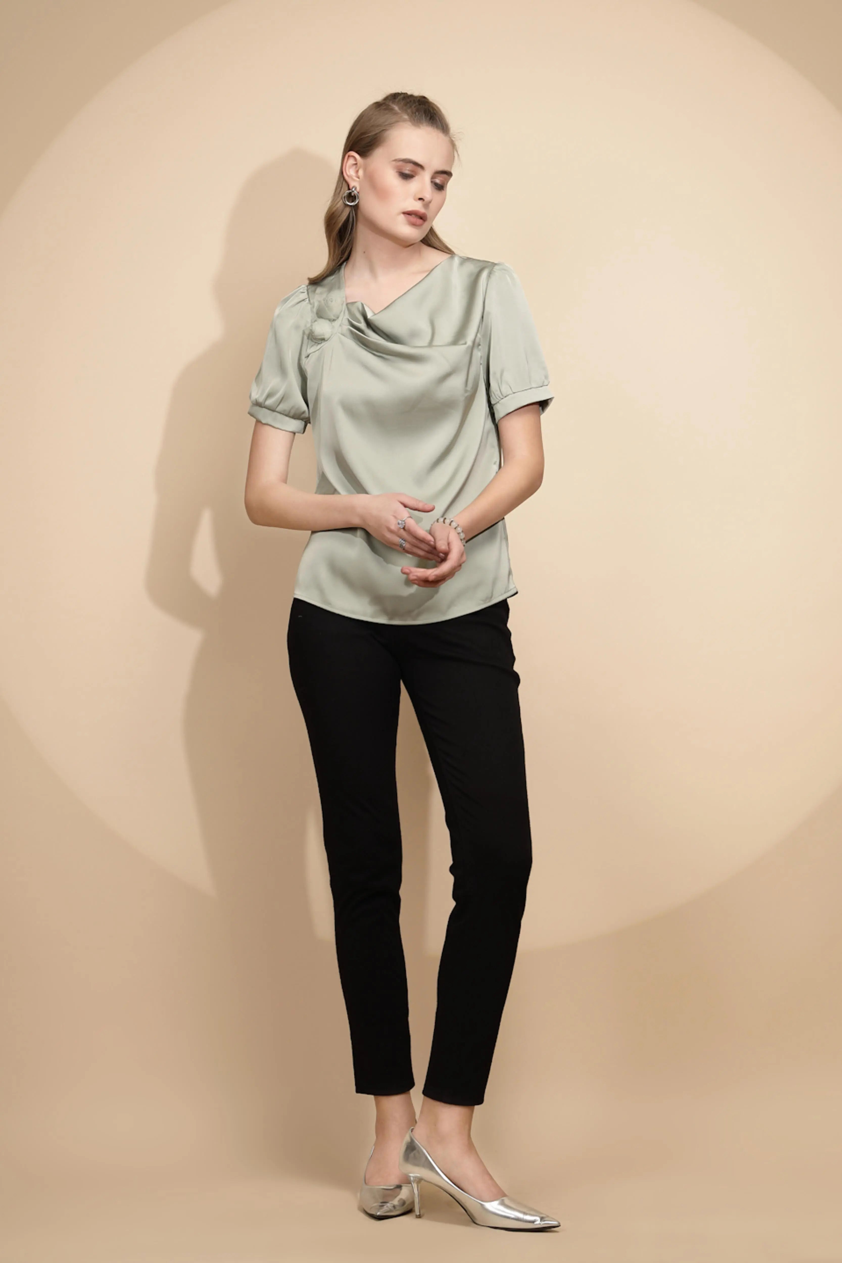 Avocado Satin Cowl Neck Top - Global Republic