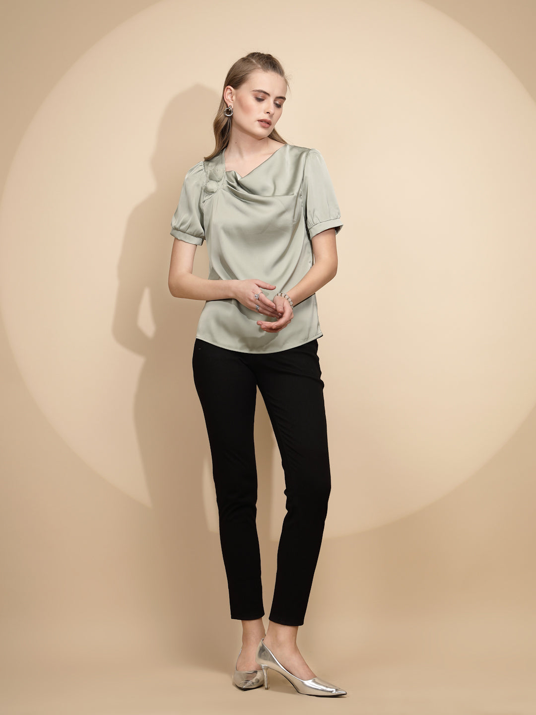 Avocado Satin Cowl Neck Top