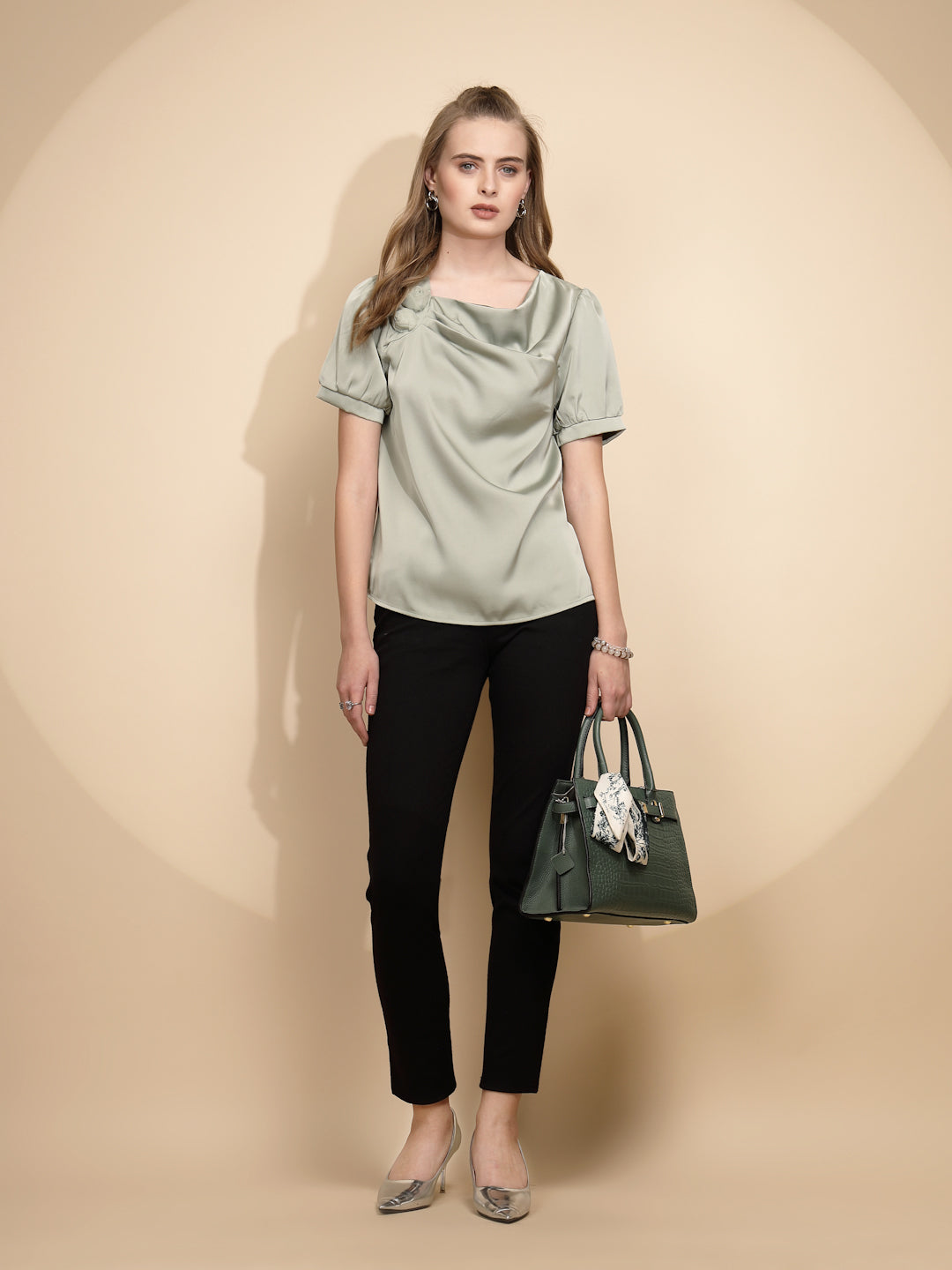 Avocado Satin Cowl Neck Top
