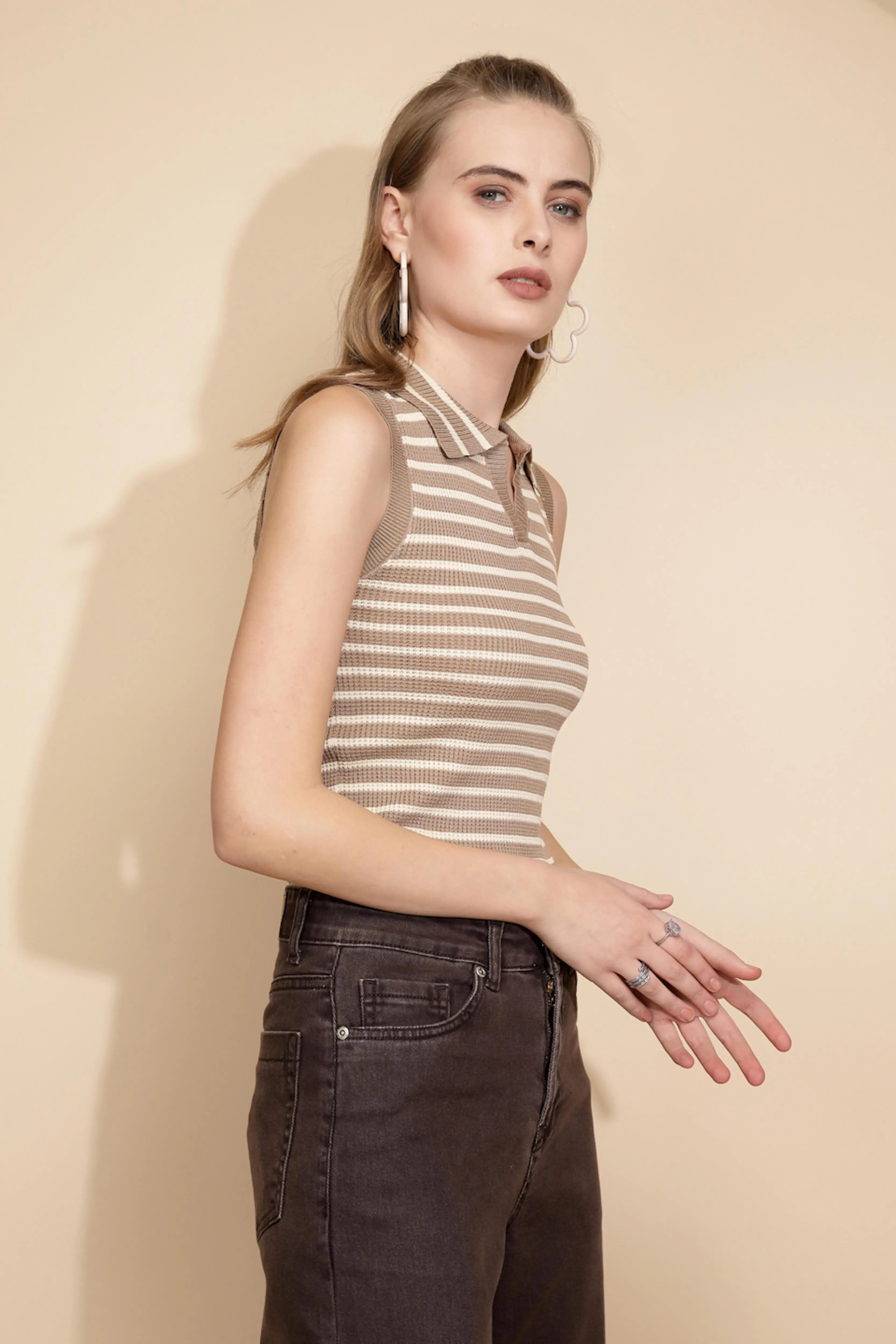 Beige Viscose Striped Slim Crop Top - Global Republic