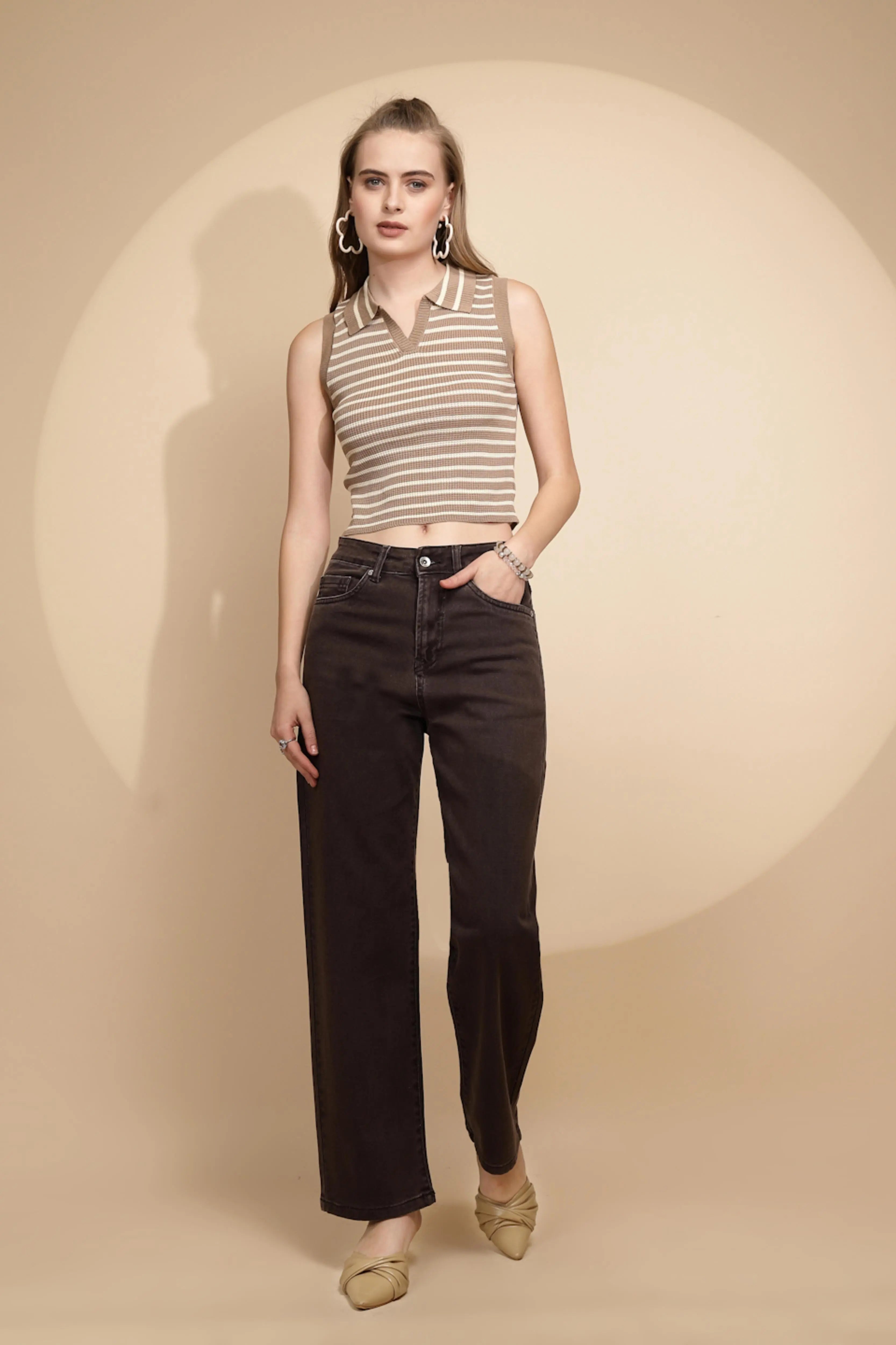 Beige Viscose Striped Slim Crop Top - Global Republic