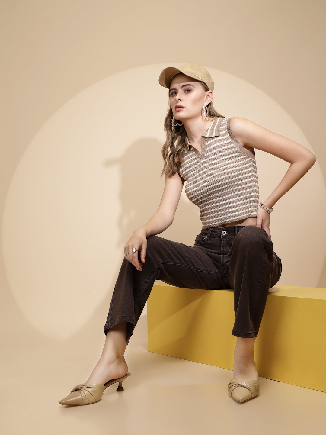 Beige Viscose Striped Slim Crop Top