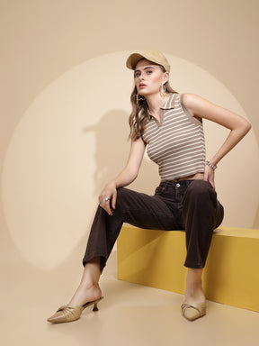Beige Viscose Striped Slim Crop Top