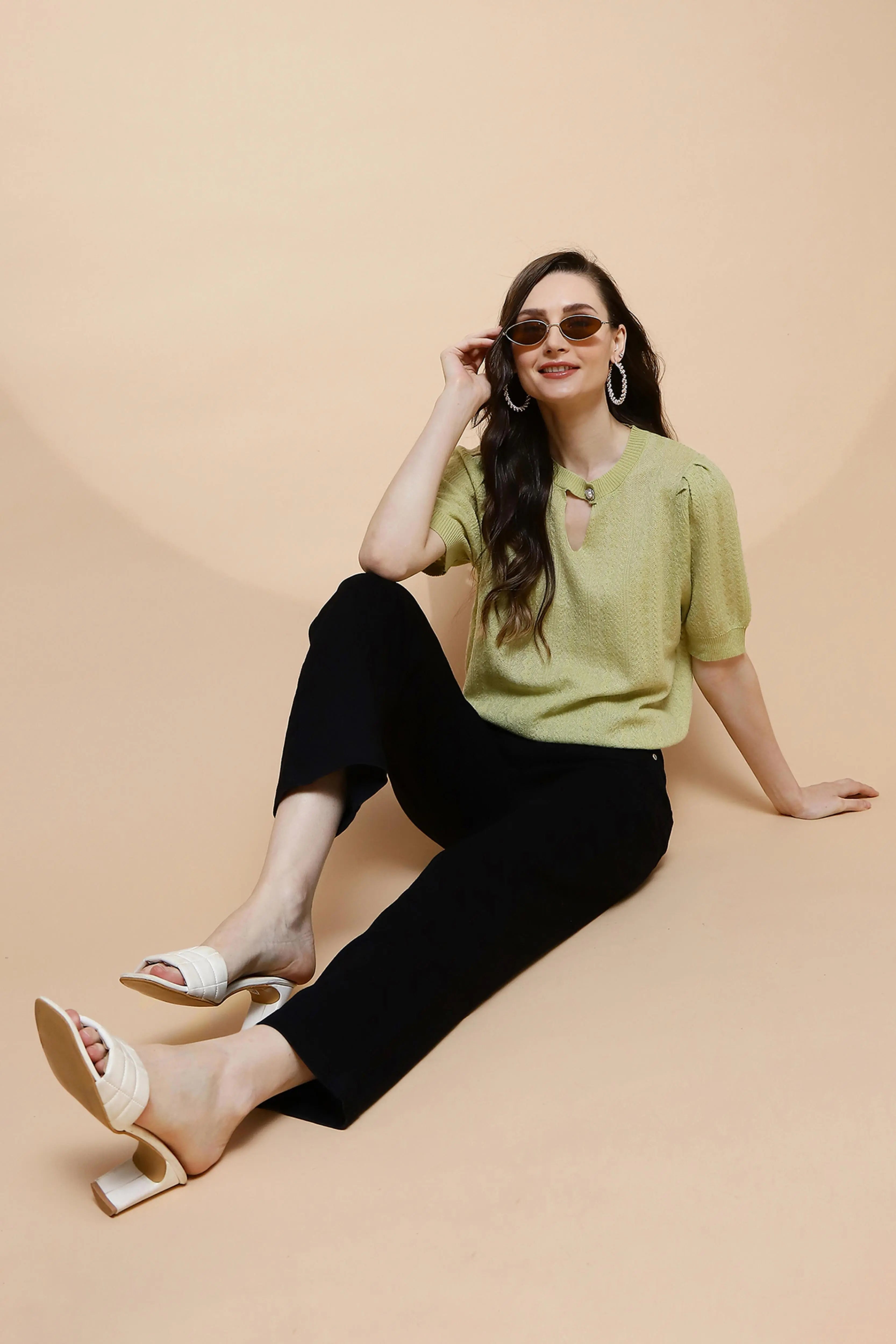 Green  Regular Fit Top For Women - Global Republic