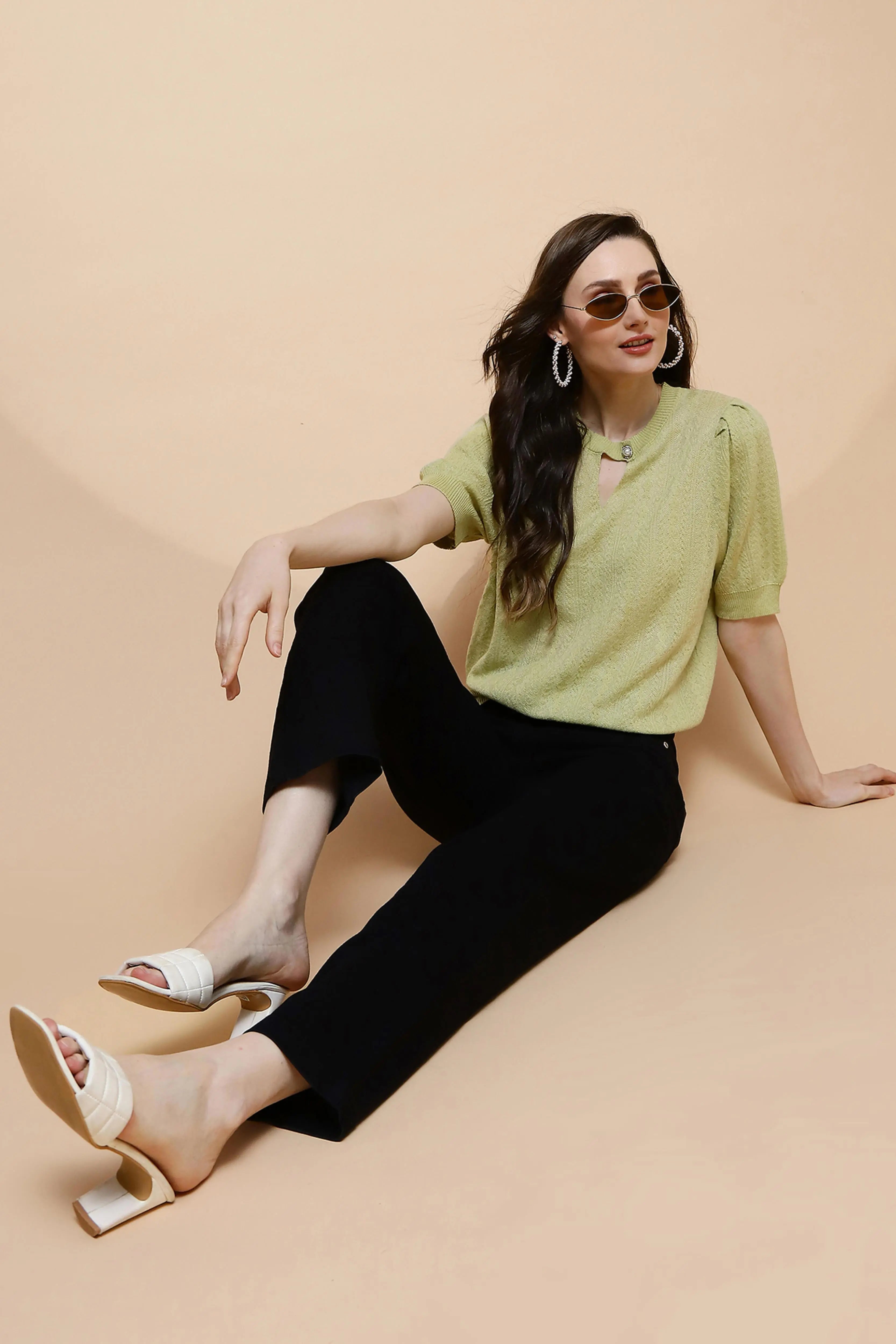 Green Regular Fit Top For Women - Global Republic