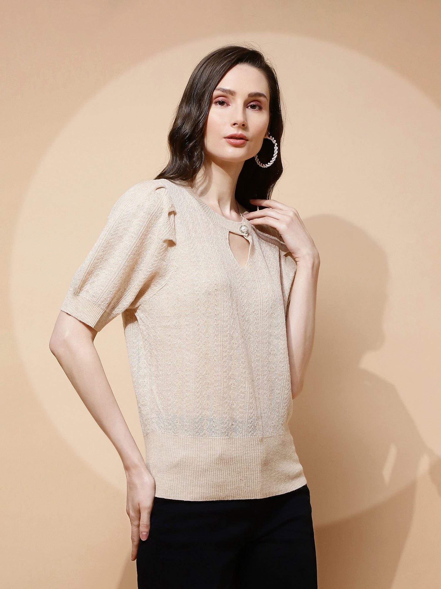 Beige  Textured Loose Top - Global Republic