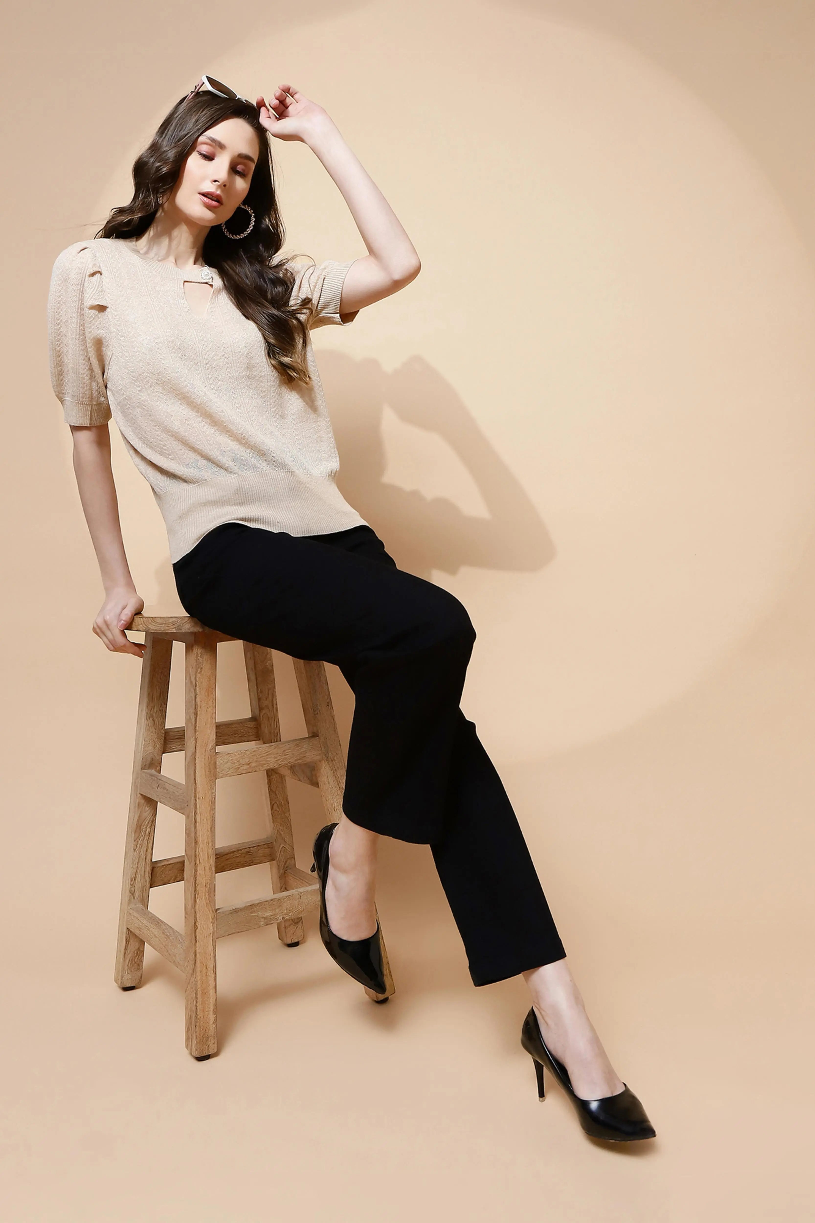 Beige  Textured Loose Top - Global Republic