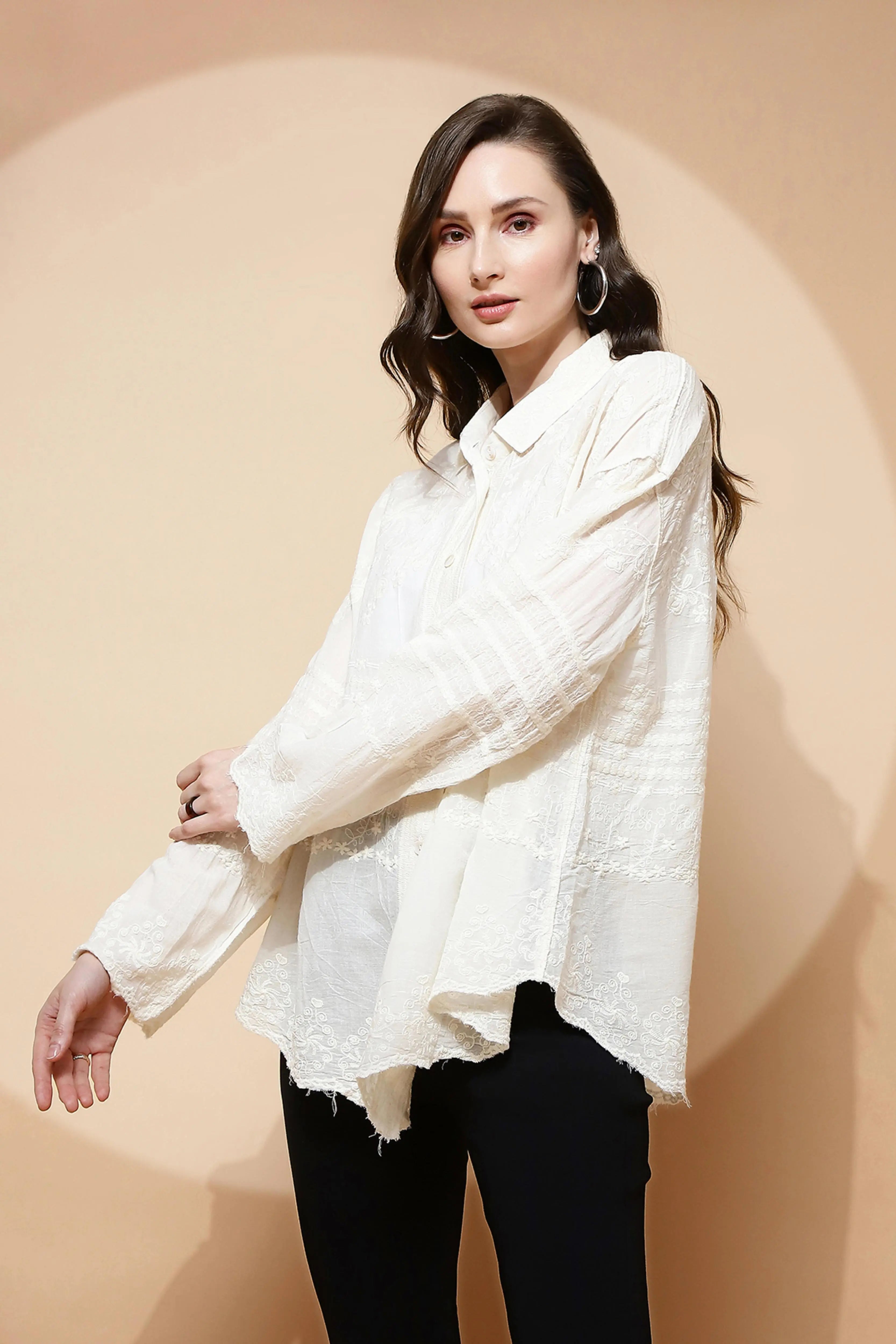 White Cotton Embroidered Loose Shirt - Global Republic