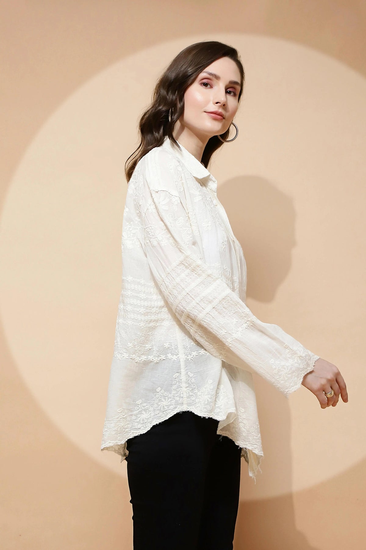 White Cotton Embroidered Loose Shirt - Global Republic